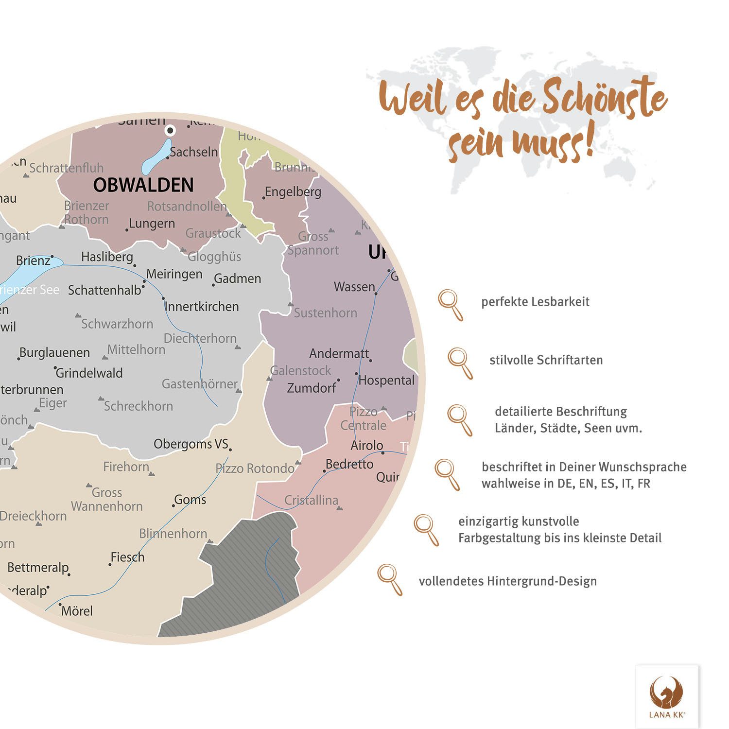 LANA KK Leinwandbild Schweizkarte, deutsche Beschriftung