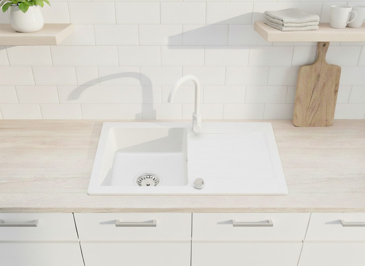 Faizee Möbel Granitspüle Granitspüle Küchenspüle Granit Siphon Einbauspüle Spülbecken 75x43,5, rechteckig, Granitspüle:75 x 16 x 44 cm (BxHxT) Material: Granit Vorgebohrt für eine Armatur Reversibel – Links oder Rechts montierbar, (Komplett-Set, 1 St., Granitbecken inklusive Zubehör), mit Zubehör und Siphon