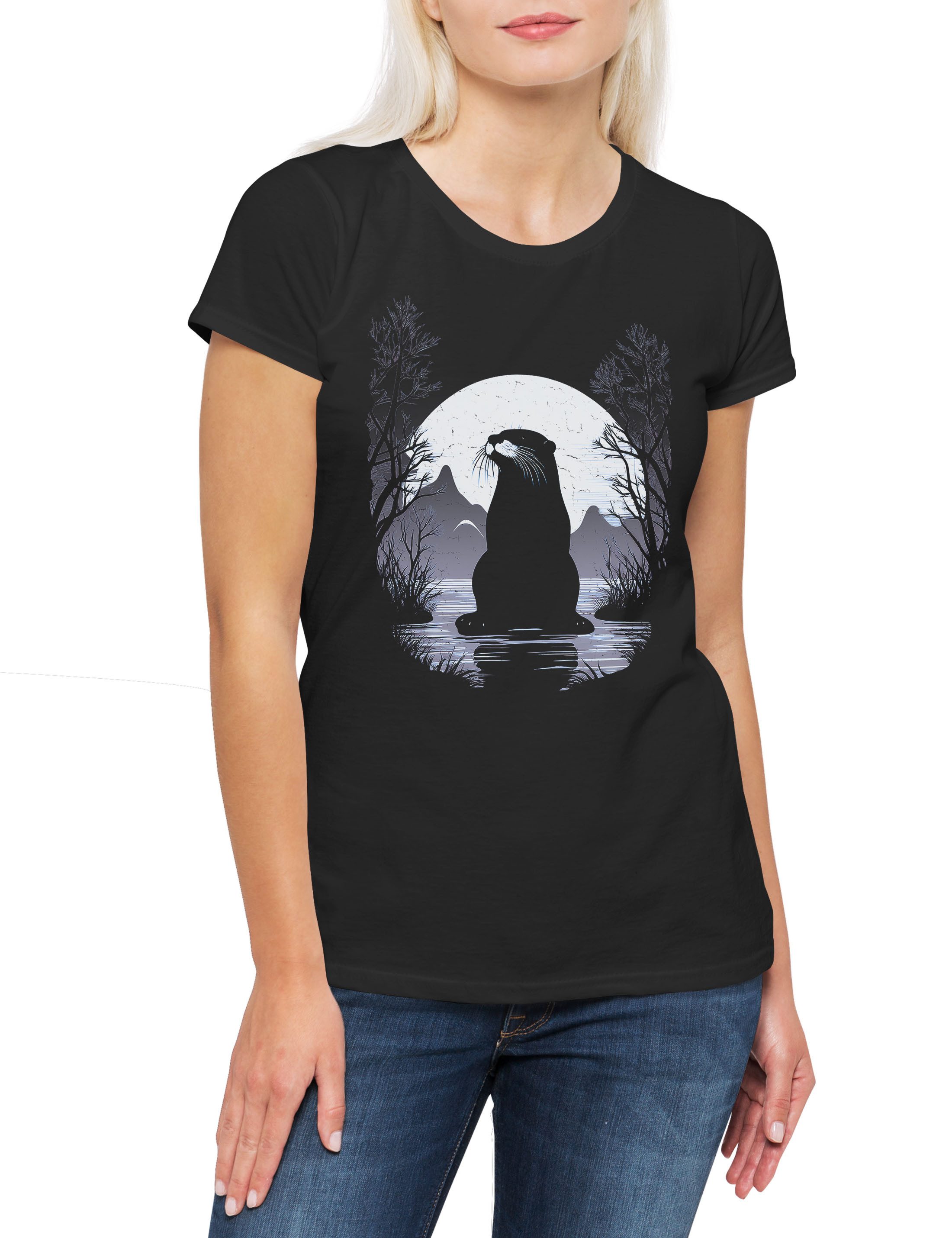 Print-Shirt Otter Water Moon Damen T-Shirt Space Cute Otters Funny Love Liebe