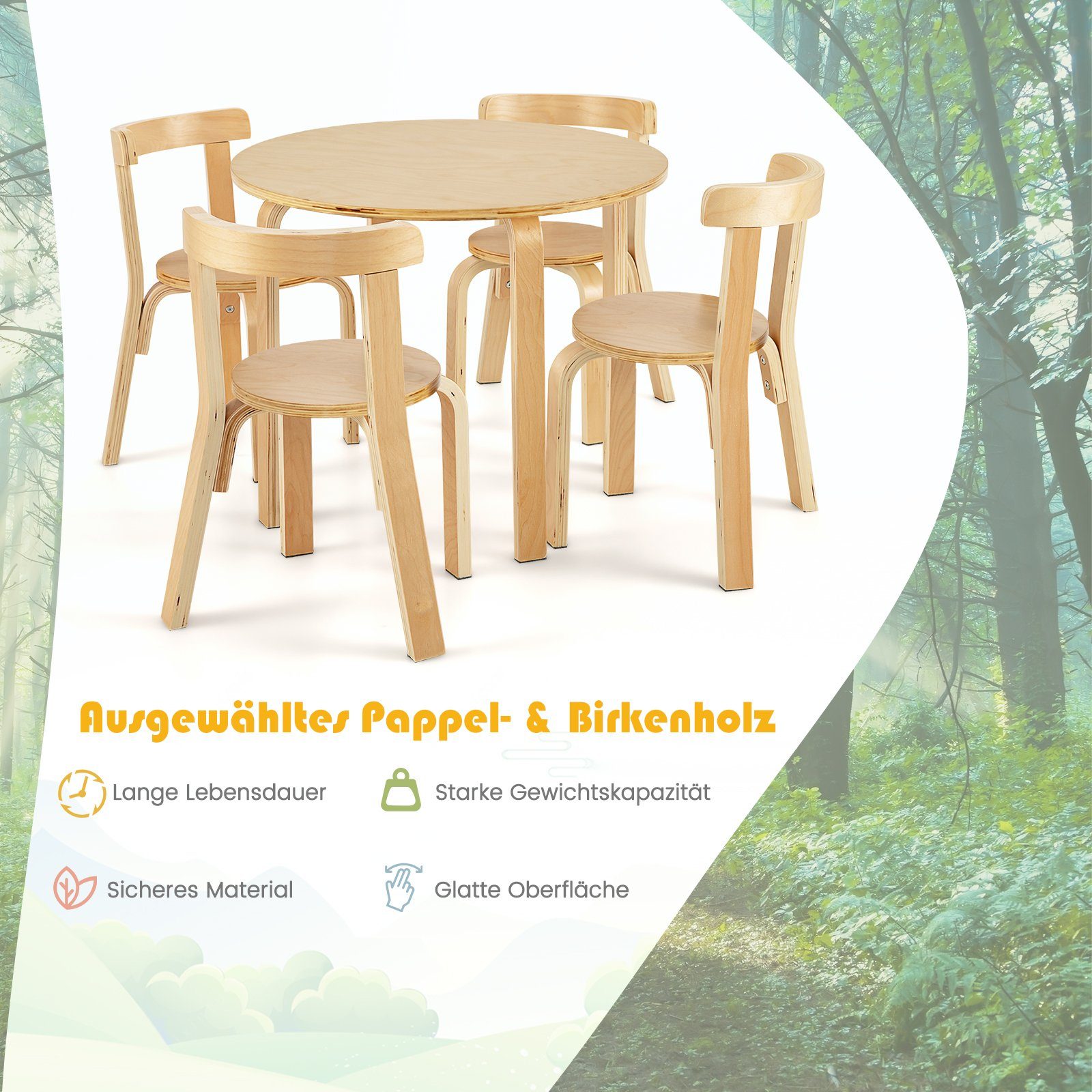 COSTWAY Kindersitzgruppe, (5-tlg), Kinderschreibtisch mit 4 Stühlen, aus Holz