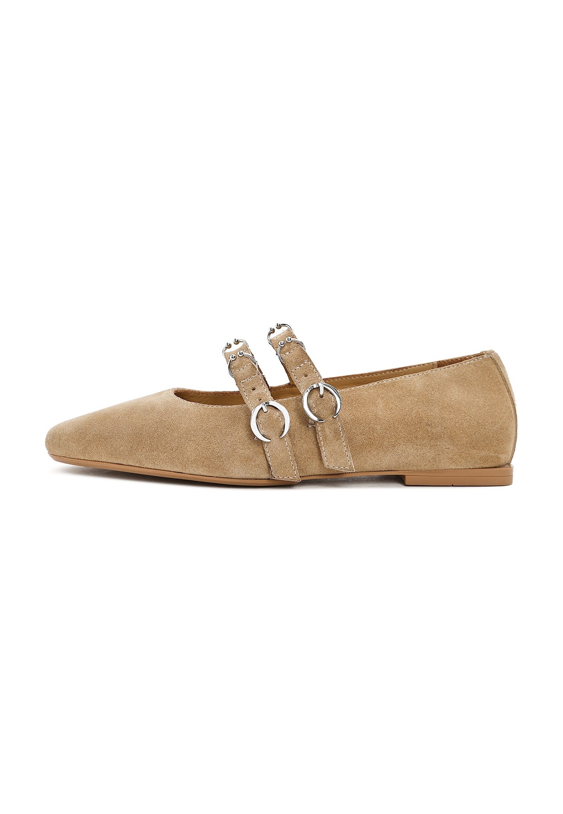Derimod Ballerinas aus Veloursleder Ballerina Wildleder, Lederfutter, TPU-Sohle, Schnallenriemen, Spitze Zehenkappe