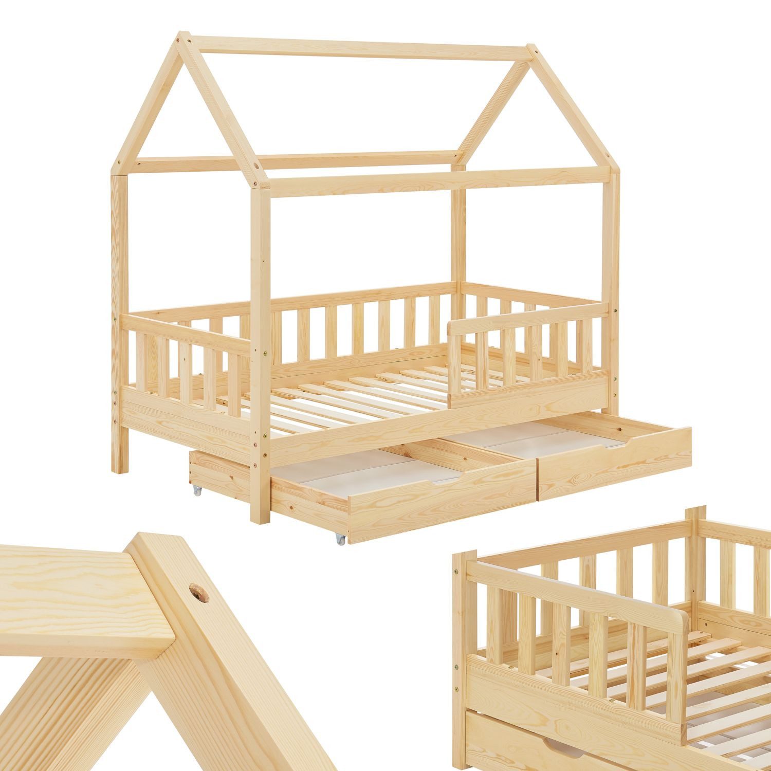 Juskys Kinderbett Marli, 80x160 cm, mit Dach, 2 Bettkästen, Rausfallschutz, 3 - 10 Jahre