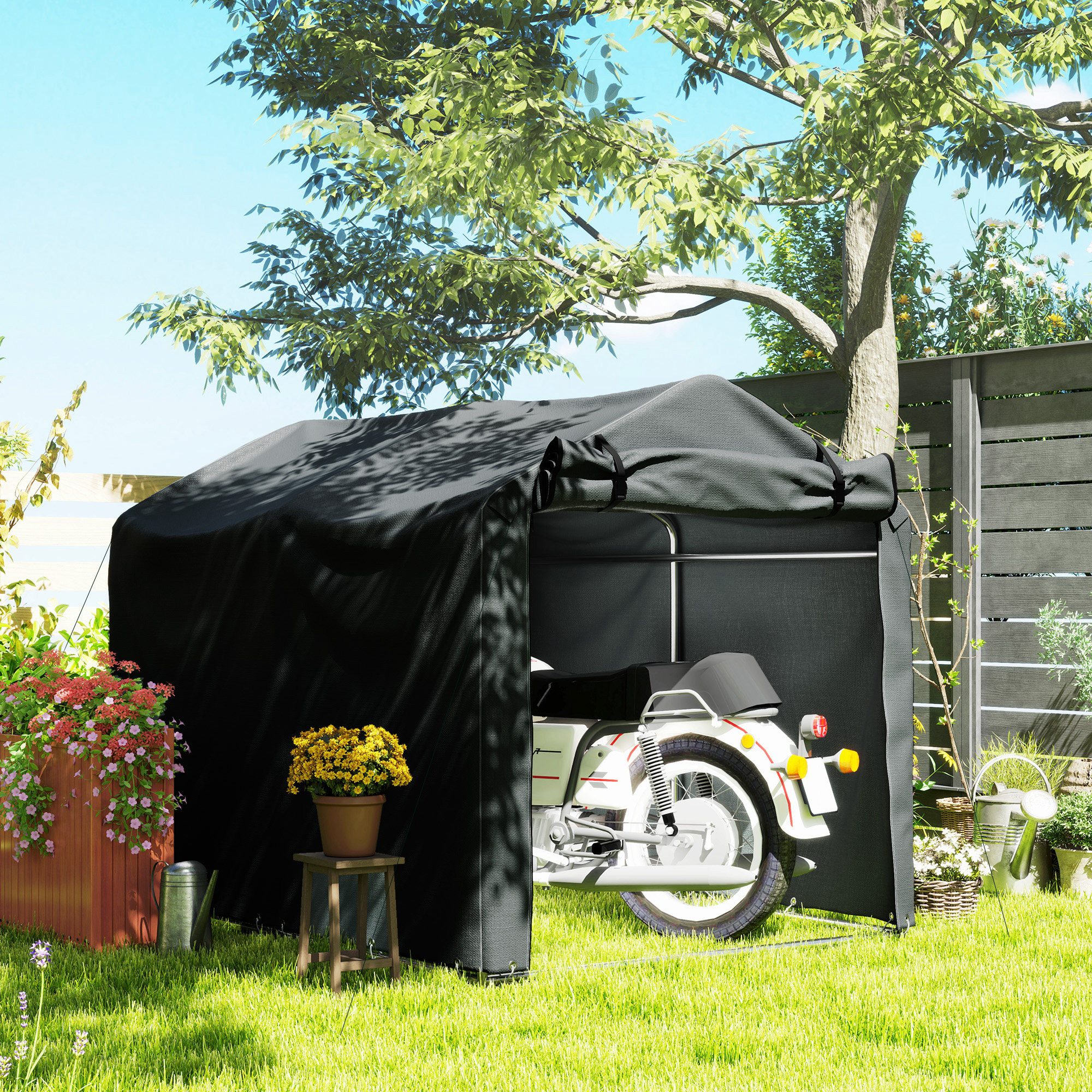 Outsunny Gerätezelt mit Rolltür, Personen: 3 (UV-beständig Fahrradabdeckung, 1 tlg., wasserdicht Zeltgarage), für Terrasse, Garten, 220 x 157 x 165 cm Dunkelgrau