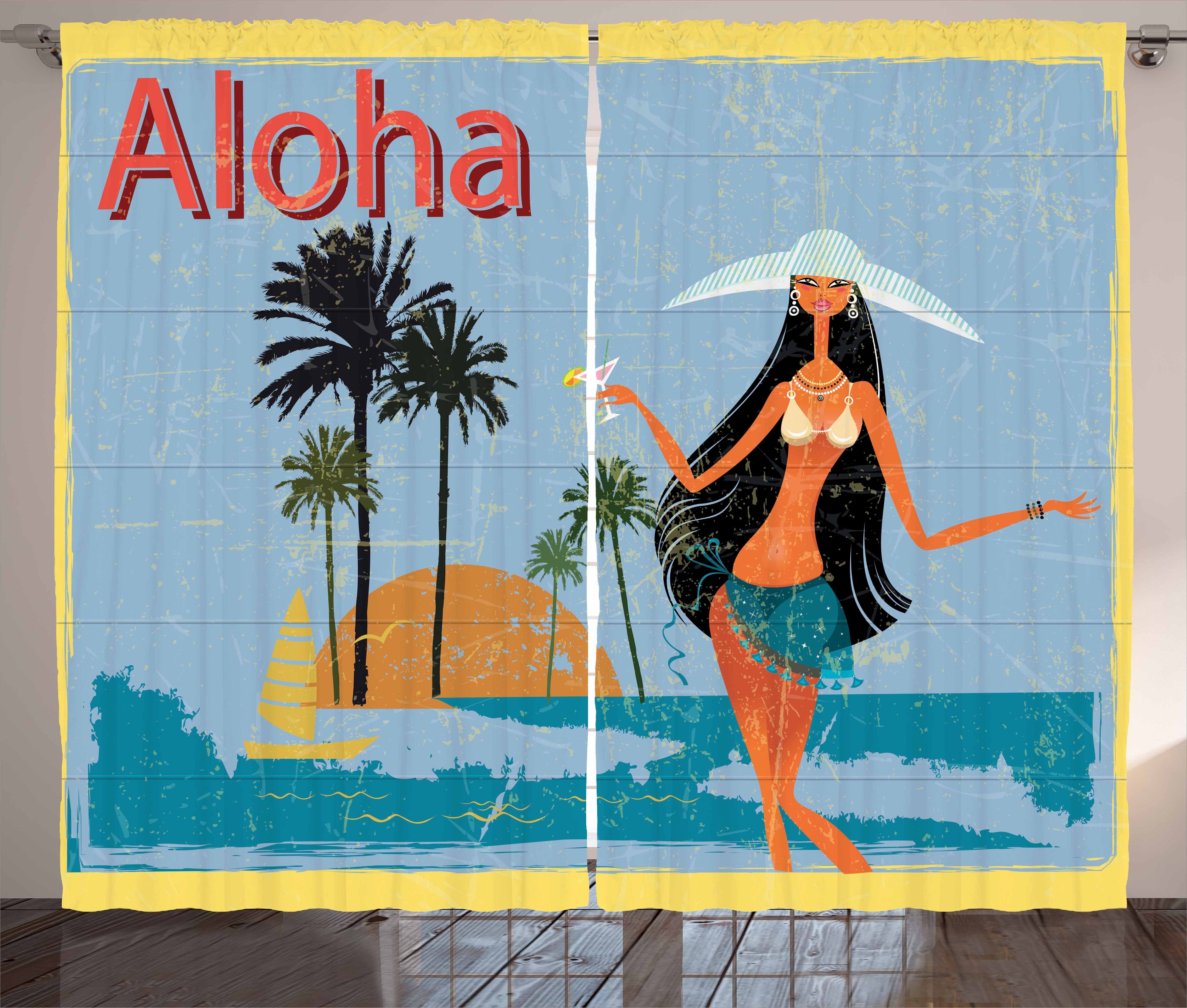 Gardine Schlafzimmer Kräuselband Vorhang mit Schlaufen und Haken, Abakuhaus, Aloha Brunette-Haar-Hawaii-Lady