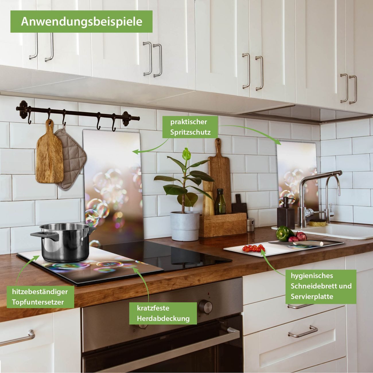 banjado Herd-Abdeckplatte zweiteilig aus Glas mit Motiv Seifenblasen, (gehärtet, 2 tlg., inkl. selbstklebende Gummifüßchen)