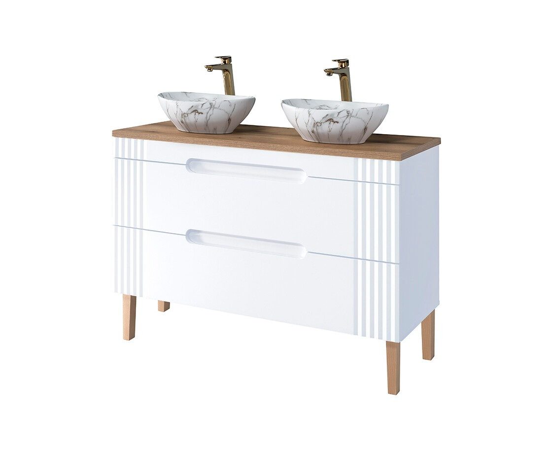 ROYAL24_MARKT Badmöbel-Set - Fiji White F BM198 - 120 cm mit Aufsatzbecken, (Komplett Set, 5-St., Premium - Fiji White F), Top – Fein – Präzise