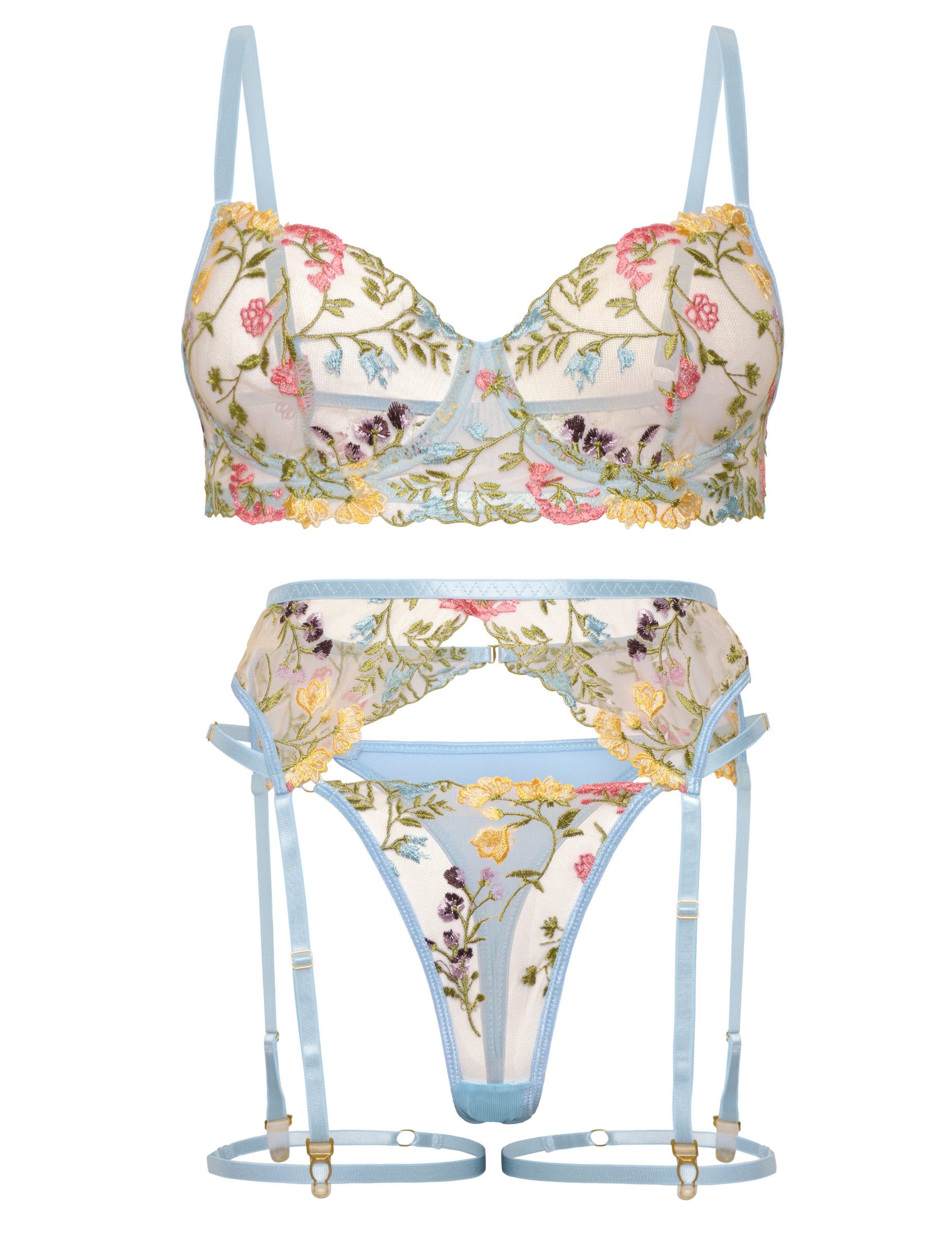 Elegant Love Set: Bügel-BH bestickertes Dessous-Set, BH-Set mit Strumpfhalter (Set, 5-tlg., Spitze Bralette BH + G-String Tanga + Strumpfgürtel) Unterwäsche-Set für Damen, sinnliche Reizwäsche