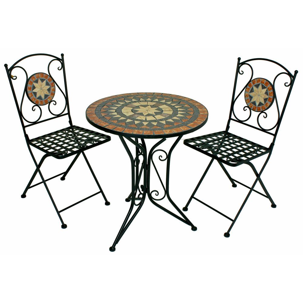 Lomadox Garten-Essgruppe GAZA-120, (0-tlg), Bistroset, schwarz mit Mosaik, 2 Stühle, Tisch ca. 60cm