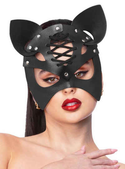Smiffys Verkleidungsmaske Kunstleder Kätzchen Fetisch Maske, Laszive Katzenmaske im Bondage-Look