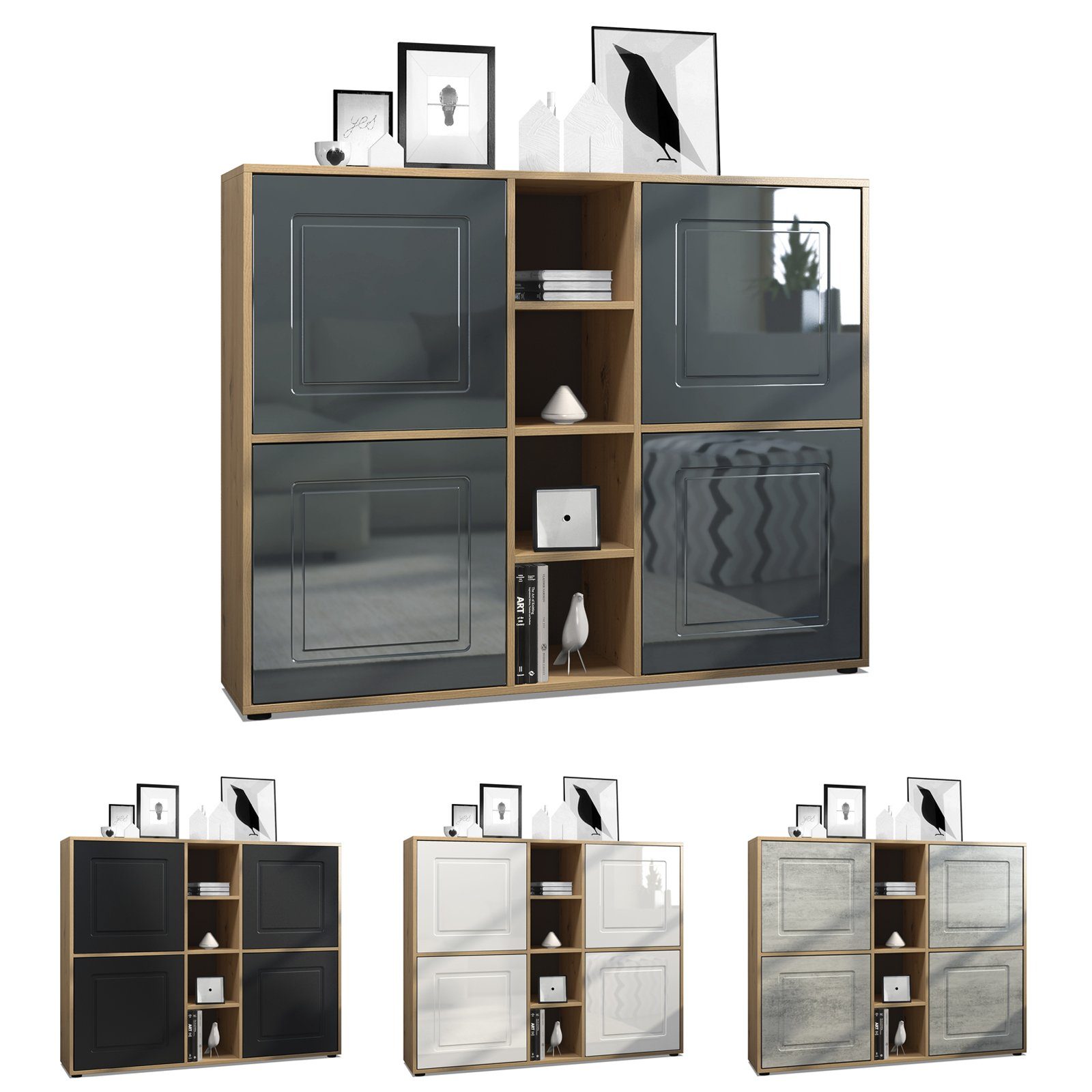 Möbelhandel Klipenstein Highboard NOAH V3, Kommode Schrank Landhaus, Korpus Eiche Artisan
