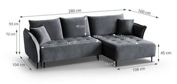 Beautysofa Polsterecke Bali, mit Schlaffunktion, Bettkasten, universelle Ottomane, Polsterecksofa mit schwarze Metallbeine,Schlafcouch, gesteppter Sitz, 3 große Rückenkissen