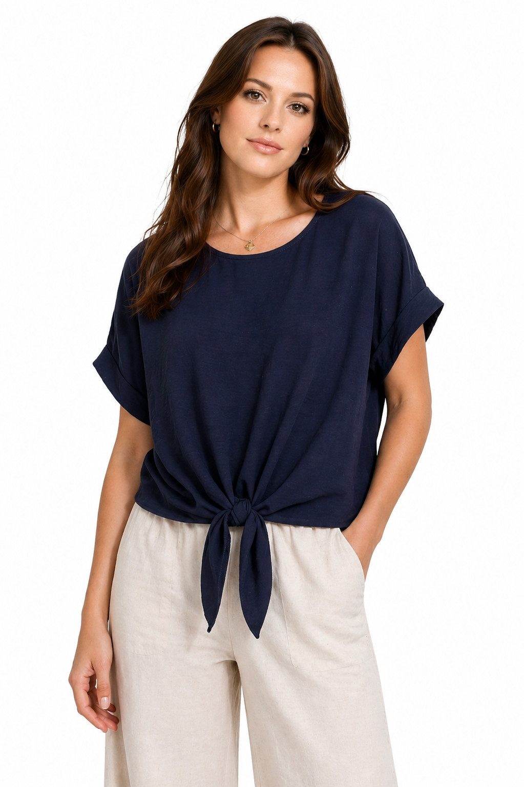 ITALY VIBES Kurzarmbluse - sommerliche Bluse - Blusenshirt Damen mit Knotendetail ONE SIZE / passend für Größe S - L