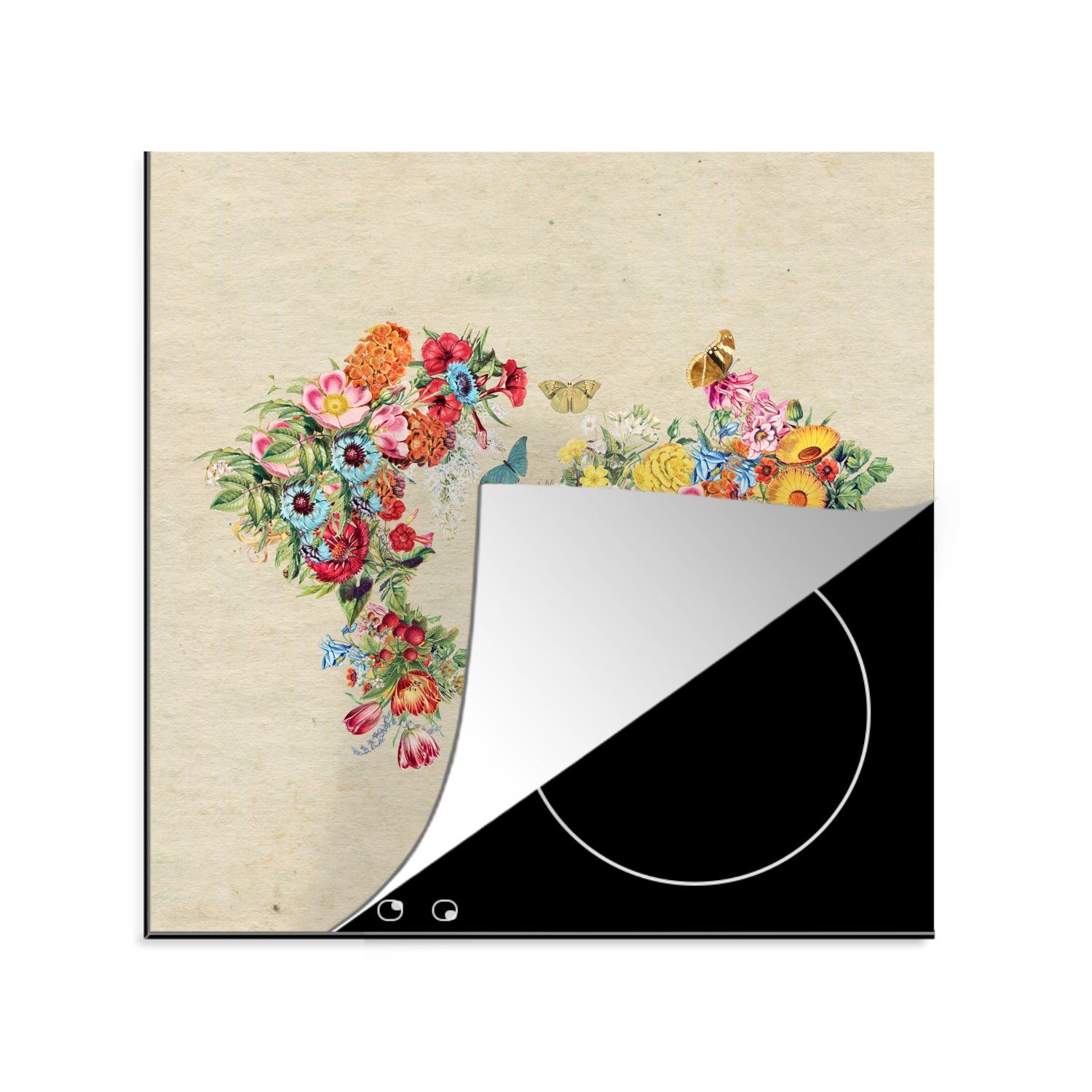 MuchoWow Herdblende-/Abdeckplatte Weltkarte - Blumen - Schmetterling - Braunes Papier, Vinyl, (1 tlg), 78x78 cm, Ceranfeldabdeckung, Arbeitsplatte für küche