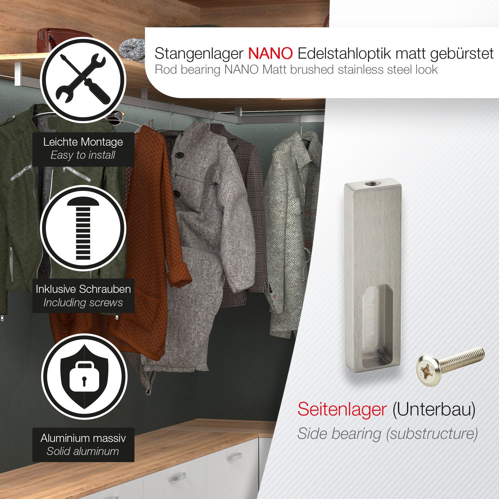SO-TECH® Kleiderstange Zubehör für Schrankrohr NANO, 2x Seitenlager Unterbaumontage, 75x20x10 mm, Edelstahloptik