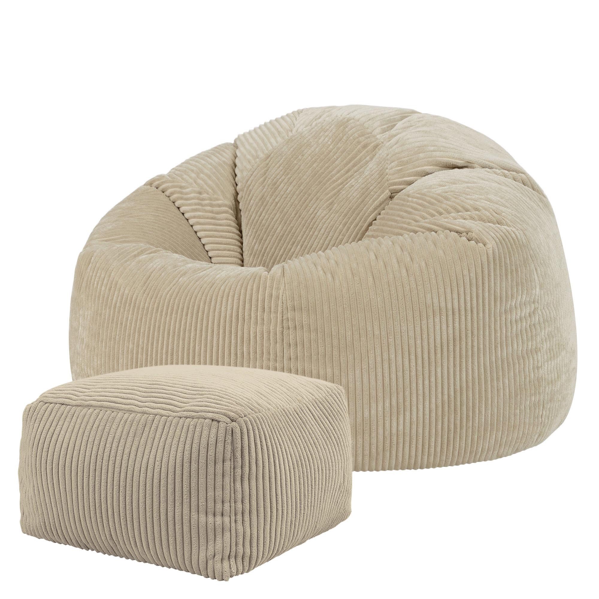 icon Sitzsack Erwachsene aus Cord „Kingston“ mit Hocker (Spar-Set, 1 x Sitzsack, 1 x Fußhocker), 85x50cm, Made in Germany, für Erwachsene & Kinder