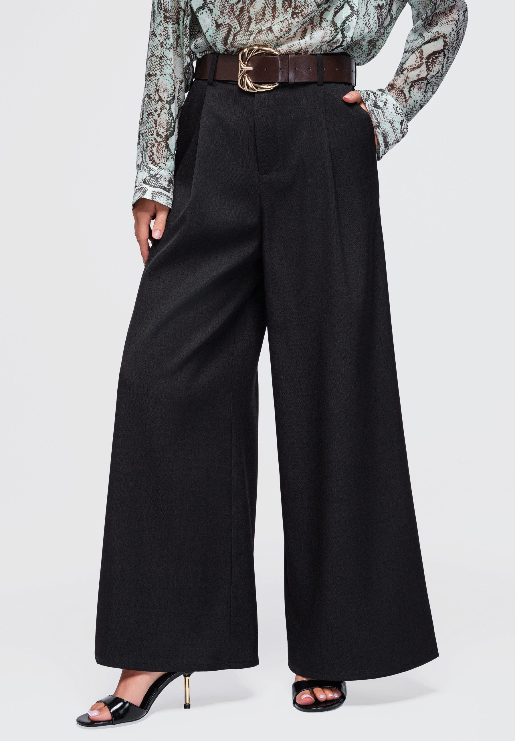 OMBRE Palazzohose Damen Palazzohose mit weitem Bein und hohem Bund Schwarz L (kein Set, 1-tlg) in Unifarbe