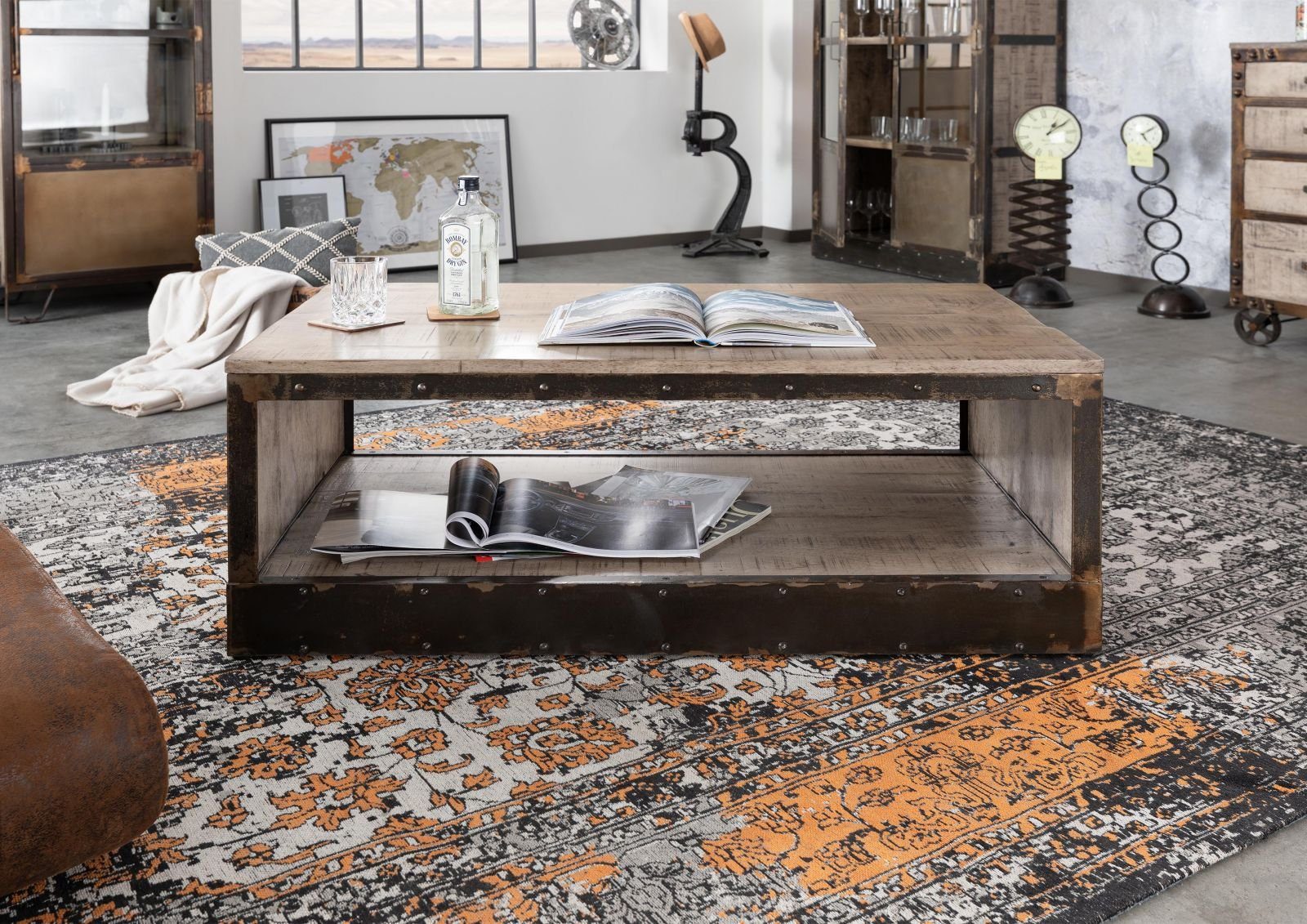 (112x61x43 montiert) brauner HEAVY INDUSTRY used Eisen - und Couchtisch bereits im Couchtisch Naturholz look, außergewöhnliches Fabrik-Design mit Massivmoebel24 Massivholz Mango