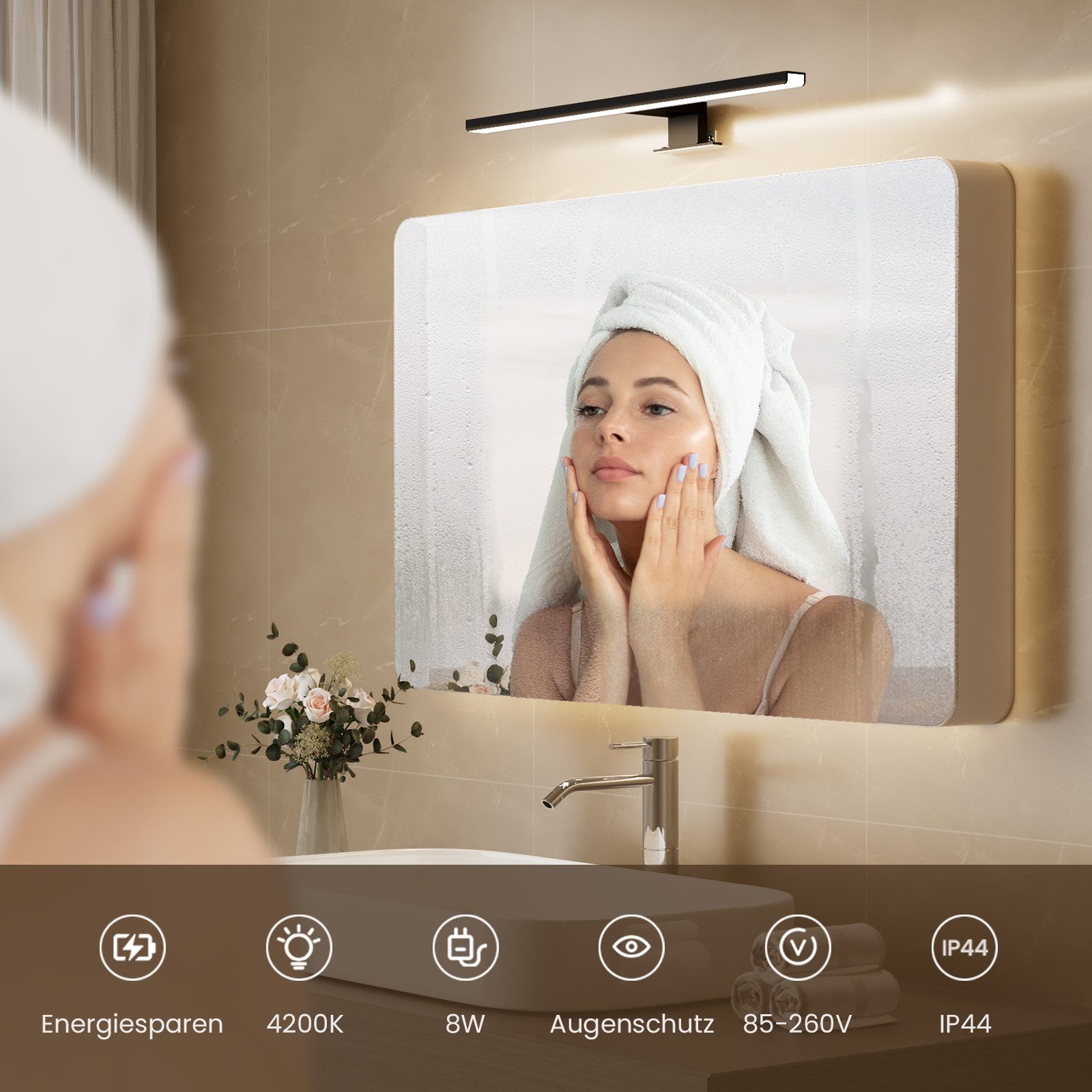 EMKE Spiegelleuchte LED L: 40cm 8W IP44 Wandlleuchte Badezimmer Wohnzimmer, LED fest integriert, Kaltweiß, Neutralweiß, Chrom oder Schwarz