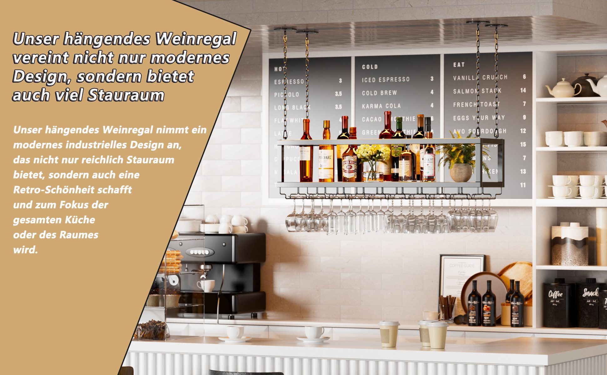 TWSOUL Weinregal Decken-Weinregal im Industrie-Stil, Höhenverstellbarer, Hängeregal für Weingläser, Geeignet für Küche/Bar/Restaurant