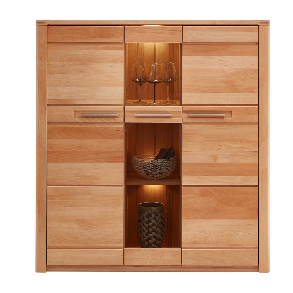 Lomadox Highboard NEWTON-36, Front Kernbuche massiv, LED-Beleuchtung, B/H/T ca. 127/137/40 cm