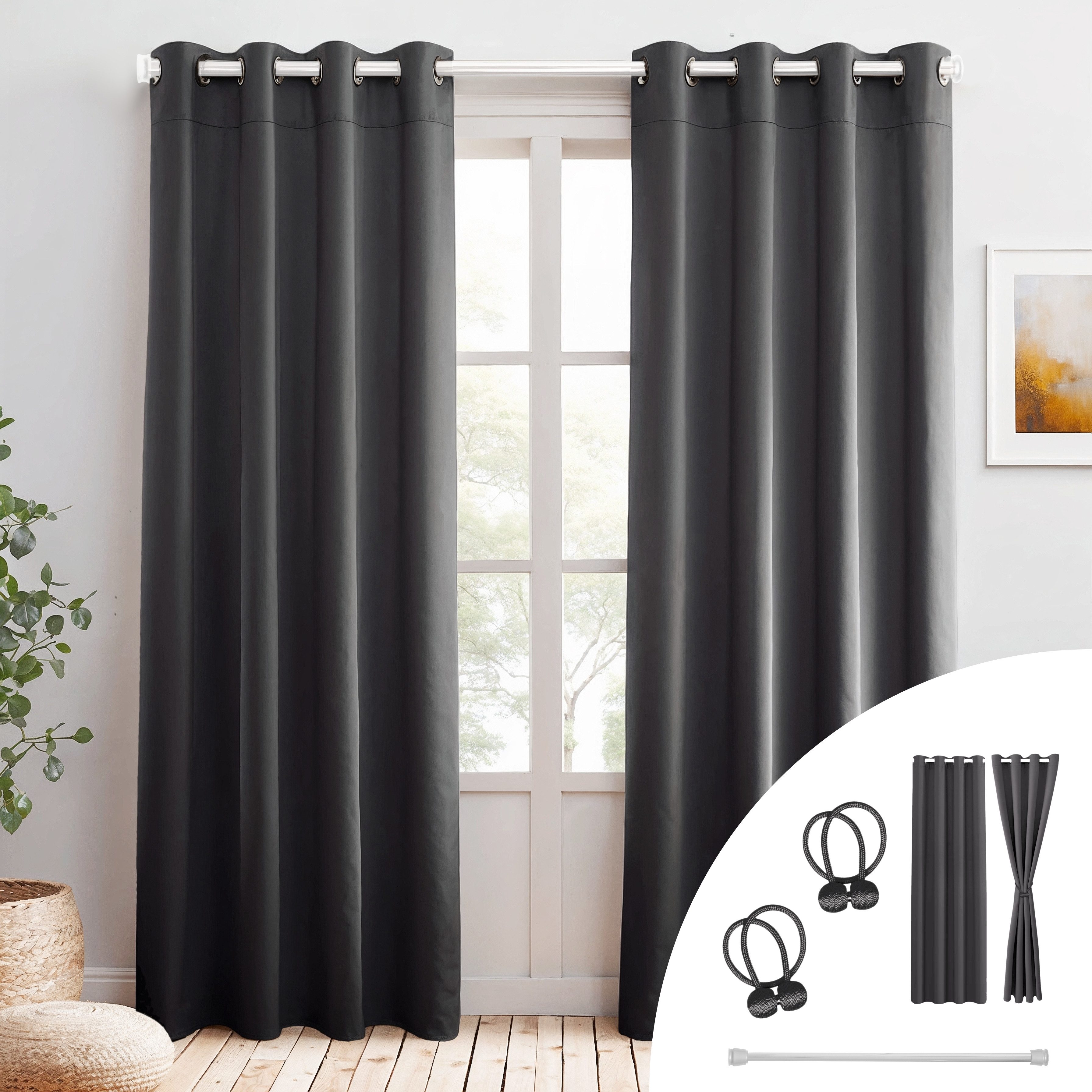 Cozyor Vorhang Set mit 2x Gardine + 2x Vorhanghalter + 1x Gardinenstange ohne Bohren (2 St), Ösen, verdunkelnd, Verdunklungsstoff