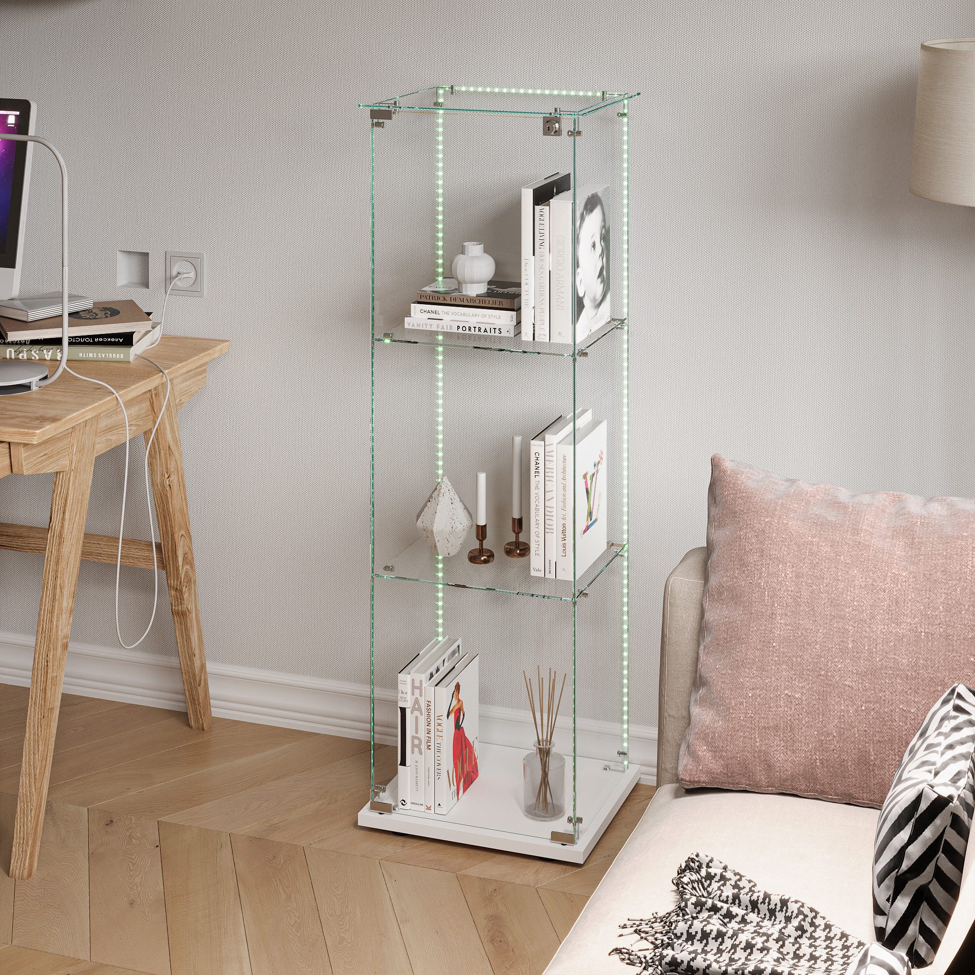 BELUPAI Glasvitrine Standvitrine 3 Lagen Vitrinenschrank (Set, 1-St., Glas Vitrine mit 1 Glastür und Schloss, LED-Lichtleiste) für Sammlerstücke Bücher Figuren Modelle, 40 x 35 x 123 cm