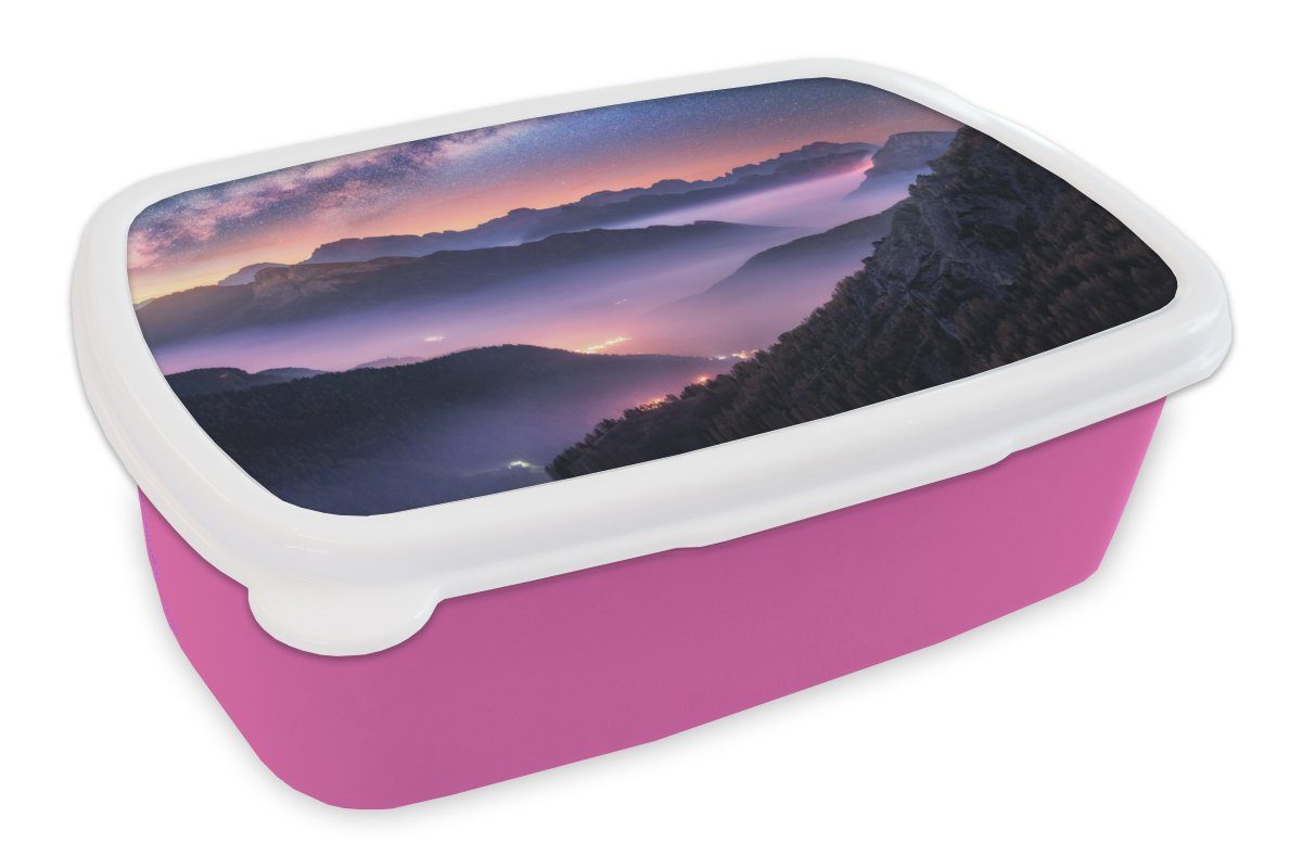 MuchoWow Lunchbox Berge - Sternenhimmel - Nebel, Kunststoff, (2-tlg), Brotbox für Erwachsene, Brotdose Kinder, Snackbox, Mädchen, Kunststoff rosa