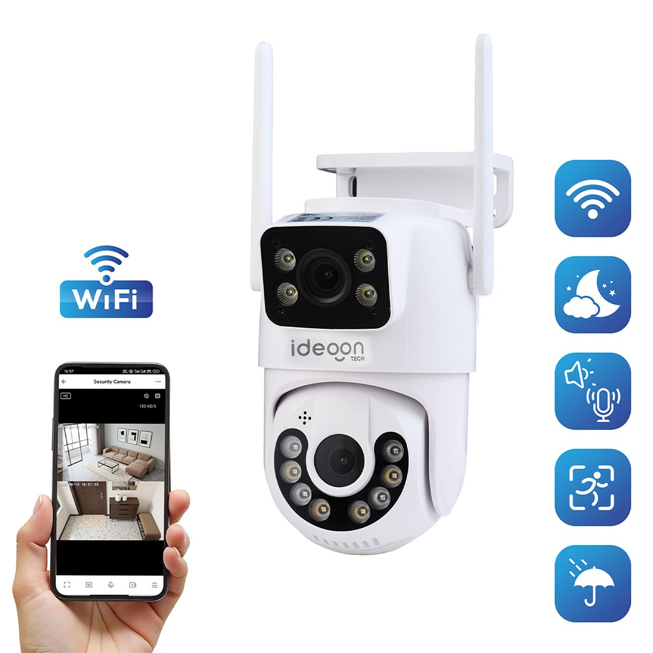 shop'n smile ideoon IP-Überwachungskamera Leistungsstarke Dual Lens Outdoor Überwachungskamera 355° Nachtsicht (Außenbereich, 1-tlg., IP66, Full HD, 355°/90° Schwenk, 3.6mm Objektiv, 80°, 15,96 dBm)
