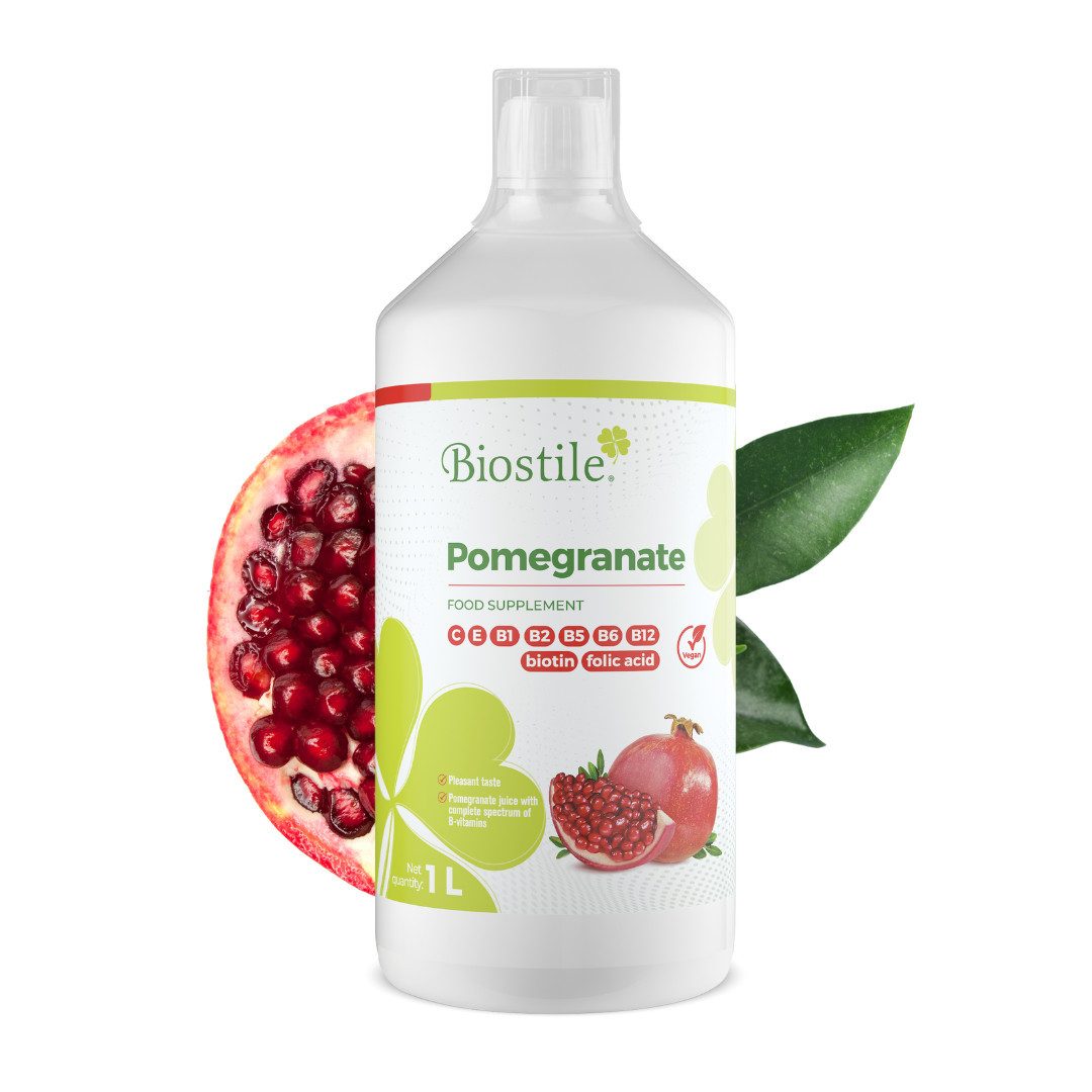 Biostile Granatapfel mit Vitamin C und B-Vitaminen für Immunsystem Natürlicher Saft, 1 er 1000 g, Mit Vitamin E, Biotin und Folsäure, 30 ml täglich, 1 L