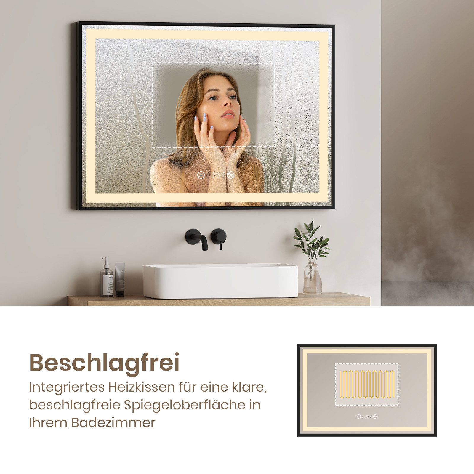 EMKE Badspiegel LED Badezimmerspiegel mit Anti-Beschlag, Uhr, Temperatur & dimmbar, 4300 K, Antibeschlag, Uhr/Temperatur, Touch, Memory, IP20 70 × 50 cm – Bild 4 von 5
