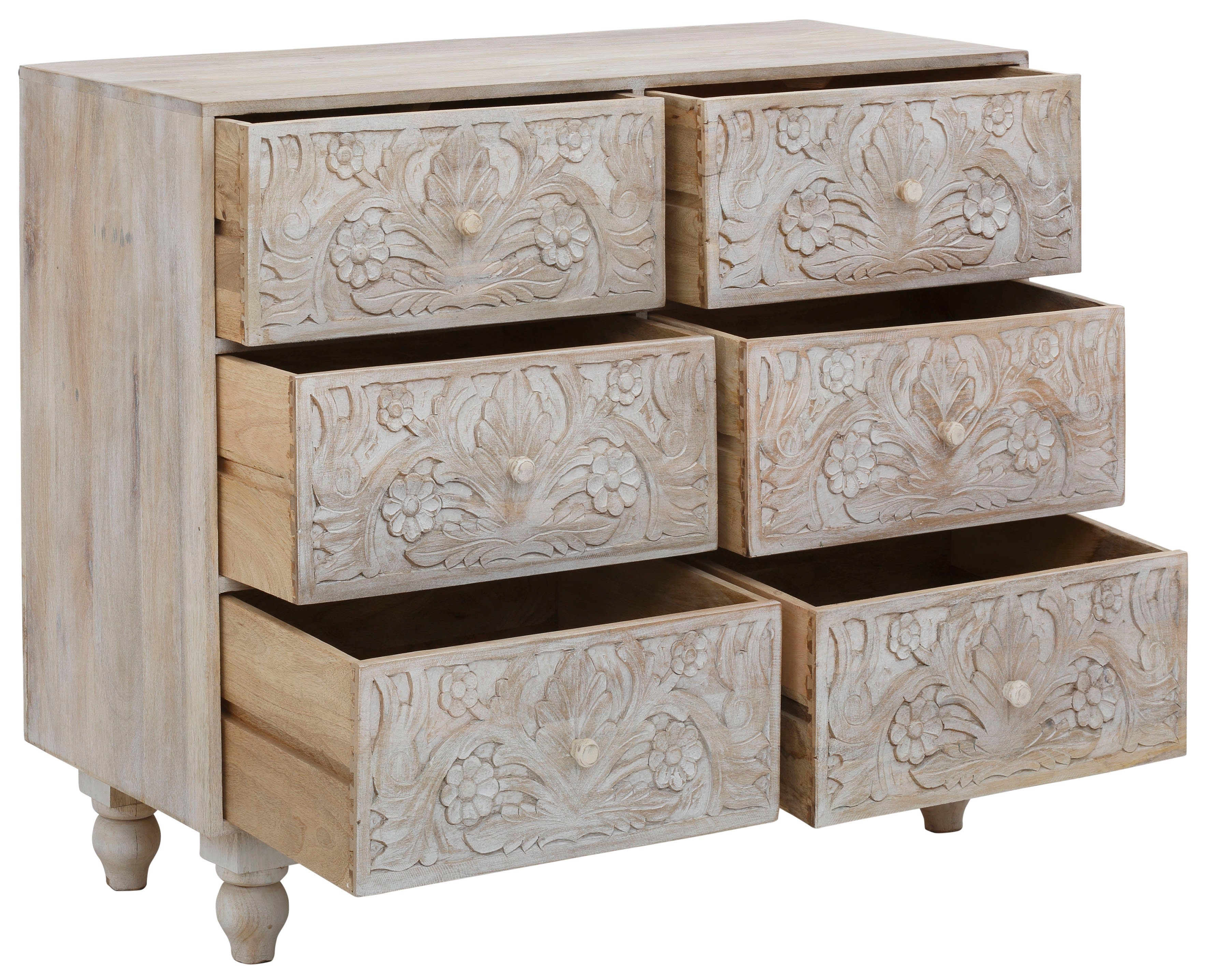 OTTO home Kommode Lavin Sideboard, Mangoholz, mit dekorativen Schnitzereien, Handgefertigt, Breite 110 cm