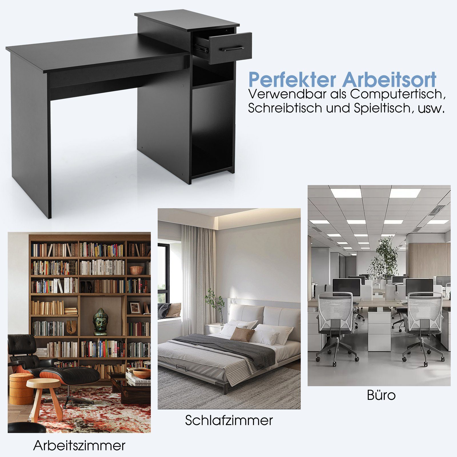 COSTWAY Schreibtisch, mit Schublade & offenen Regalen, 104x50x82cm