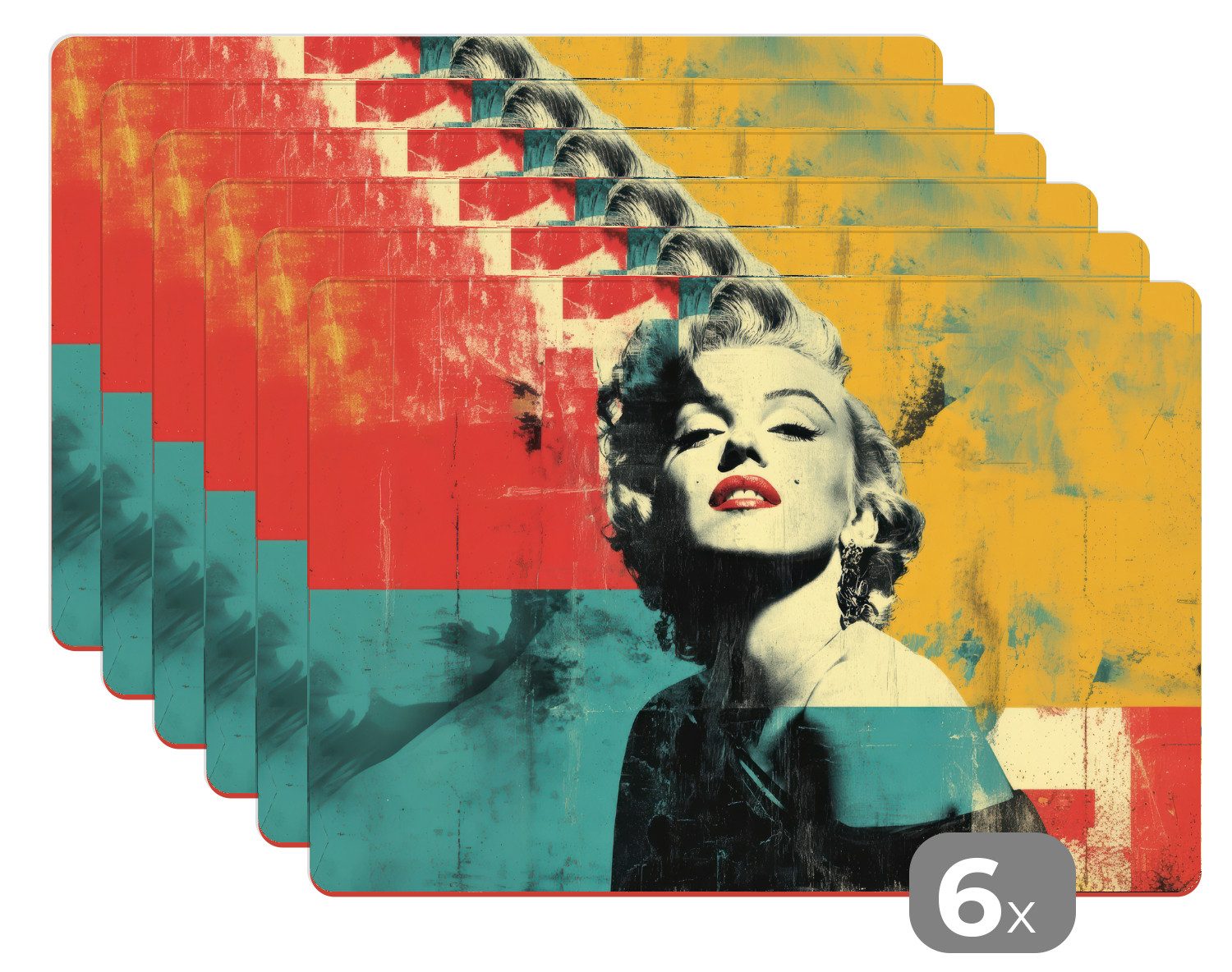 MuchoWow Platzset Frau - Rote Lippen - Abstrakte Farbfelder - Pop-Art-Stil, (6-St), Platzsets, Tischset, Abwaschbar, Tischsets, Platzdeckchen