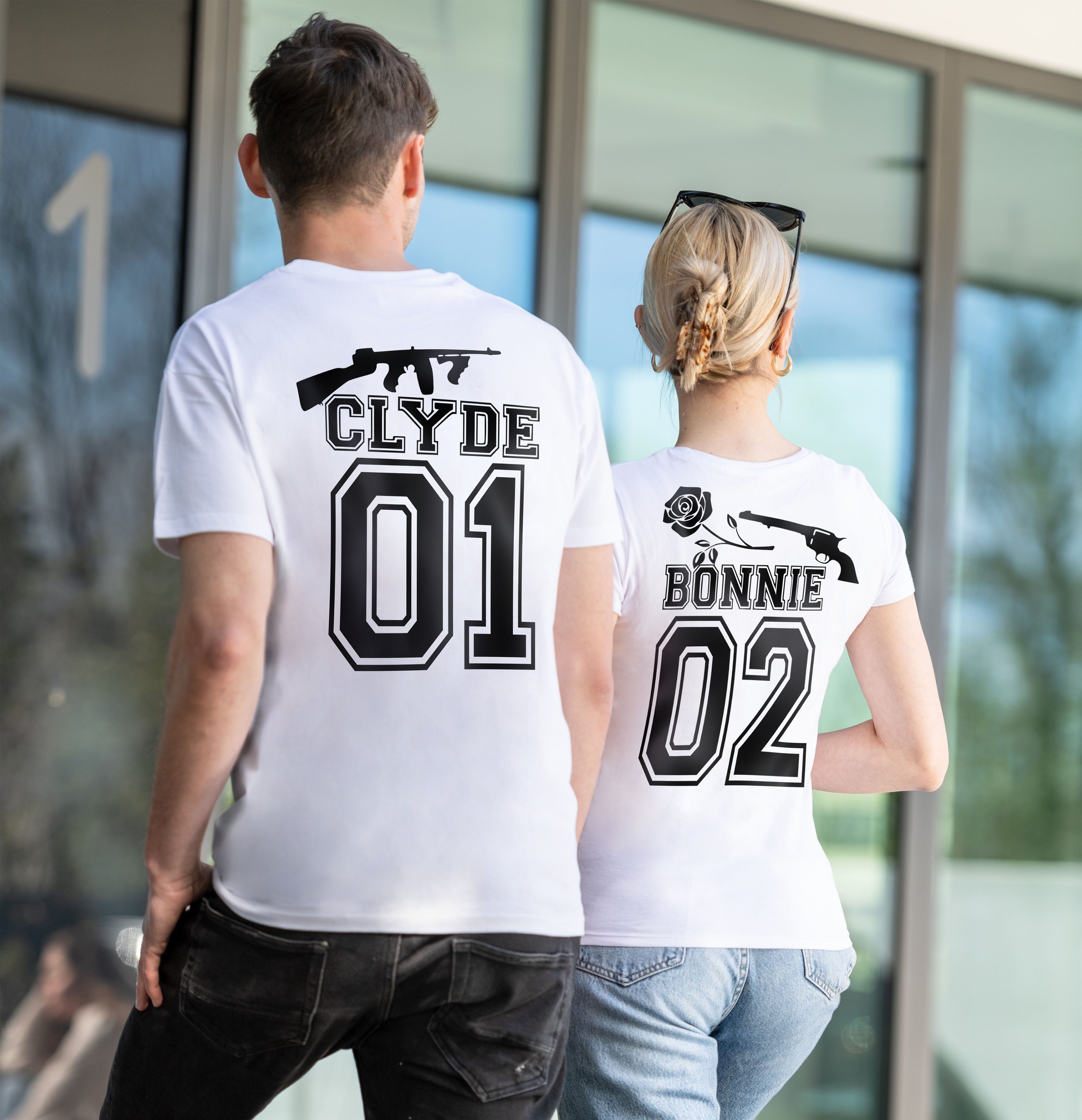 Paar modischem Gangster mit T-Shirt Couples Fun Shop T-Shirt / Print Weiß BONNIE