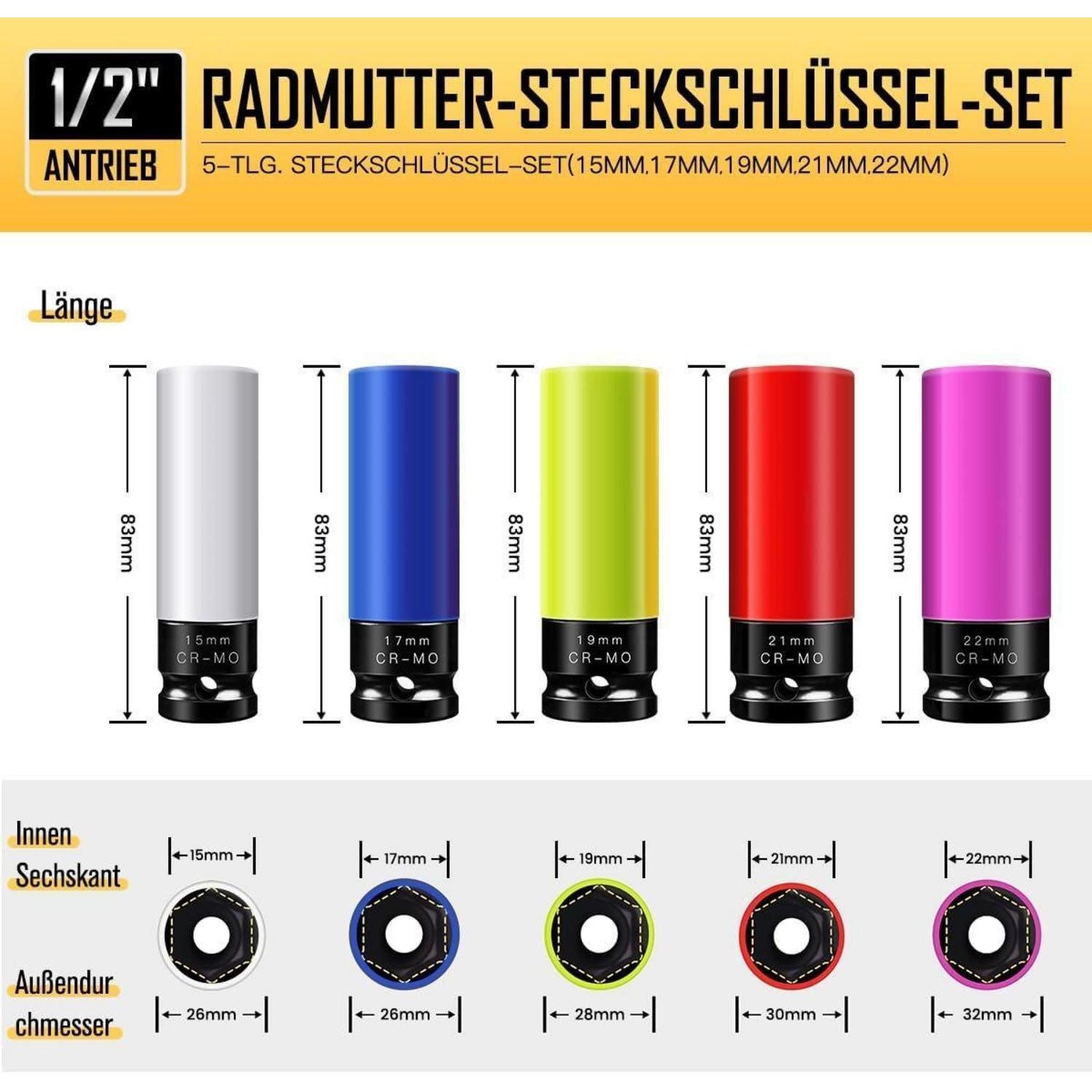 LuxusKollektion Stecknüsse Schlagschrauber Nüsse Set 15-22mm dünnwandig Felgenschutz