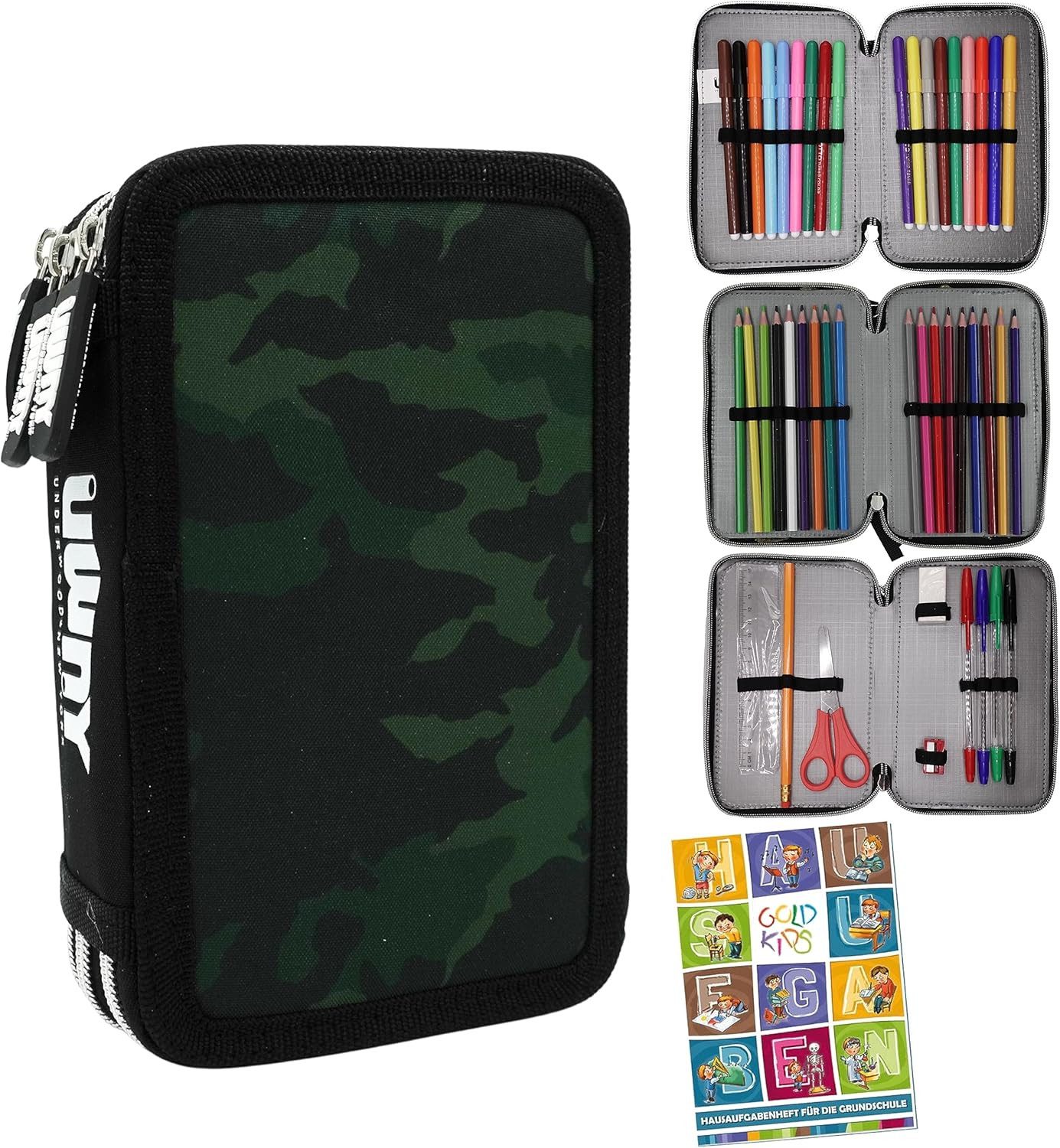 GOLDKIDS Пенали Federtasche Federmappe Пенали XXL Schüleretui, (Federtasche Federpenal Schulmäppchen, 1-tlg., Underwood New York Military Moro), grün 3 Fächer 45-teilig gefüllt inkl Hausaufgabenhef