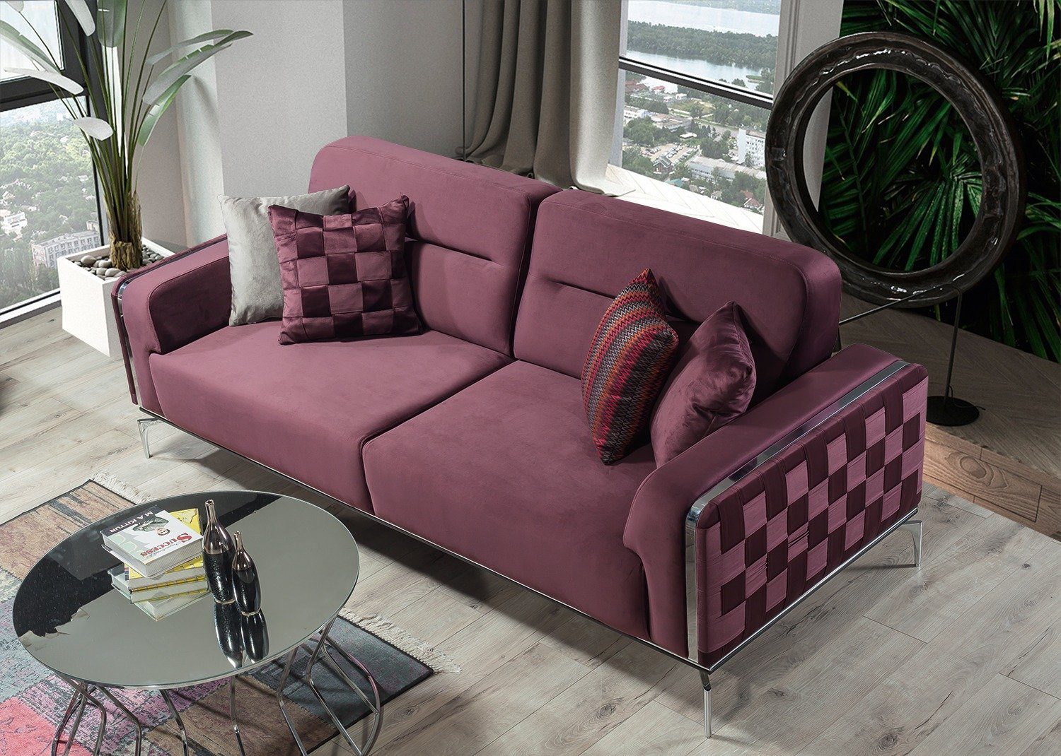 Villa Möbel Sofa Check, 1 Stk. 2-Sitzer, Quality Made in Turkey, pflegeleichter Mikrofaserstoff, Metallfüße Violett