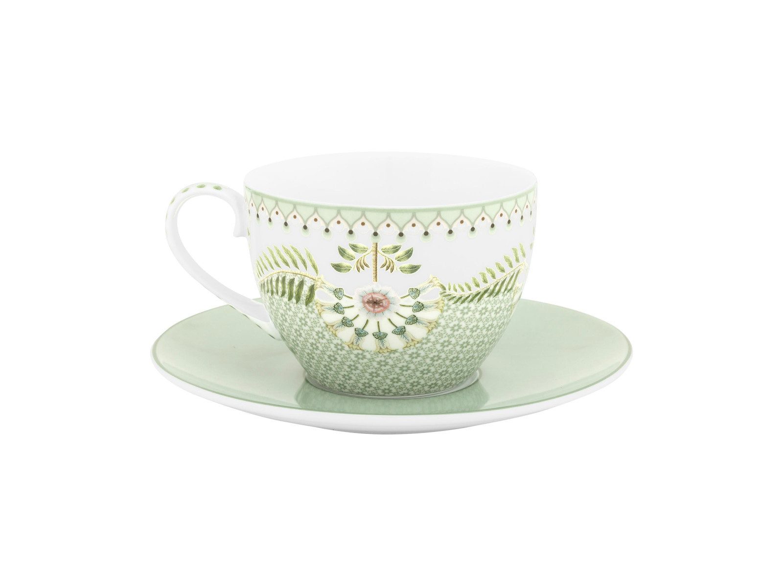 PiP Studio Tasse Lily&Lotus Tiles Light Green Tasse mit Untertasse 280ml, Porzellan