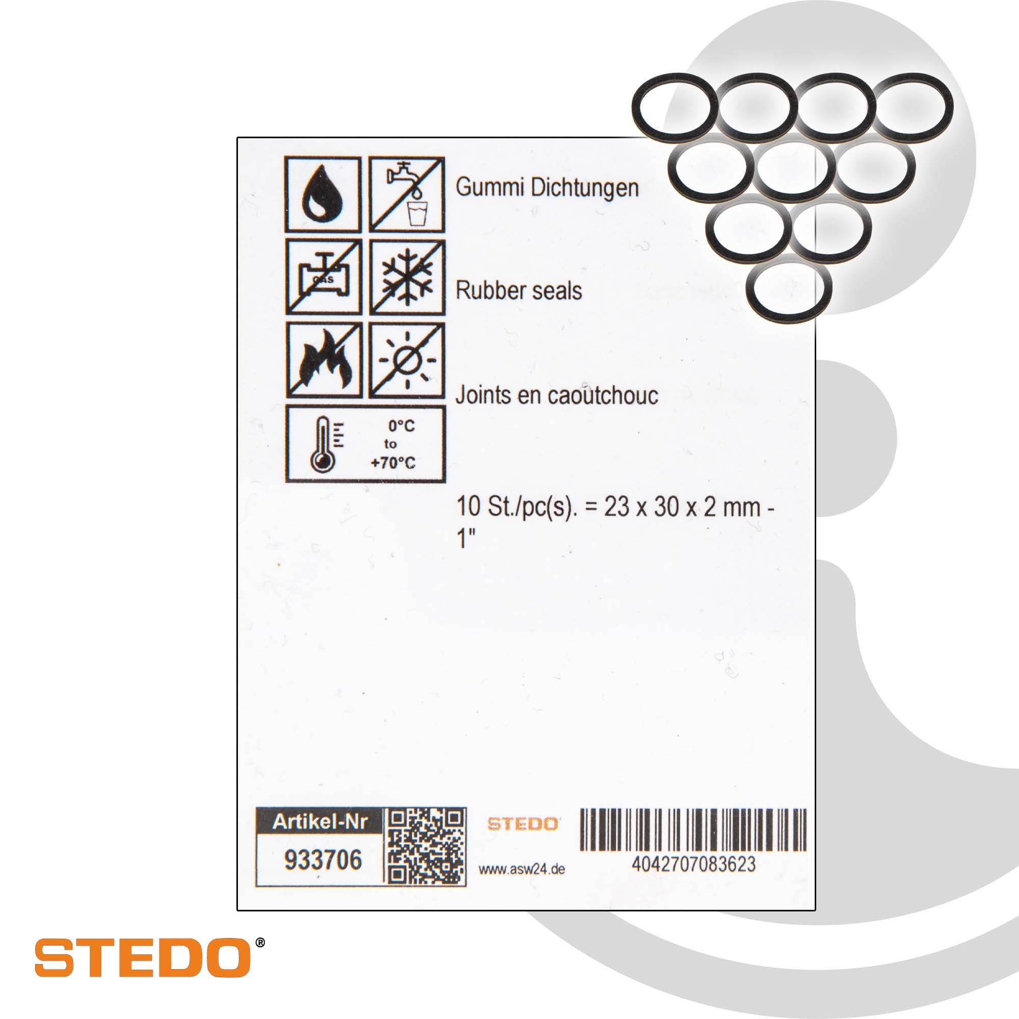 Stedo Gewindefitting Gummi Dichtung, für Überwurfmutter im Abwasserbereich (VE 10 Stück), 23 x 30 x 2 mm