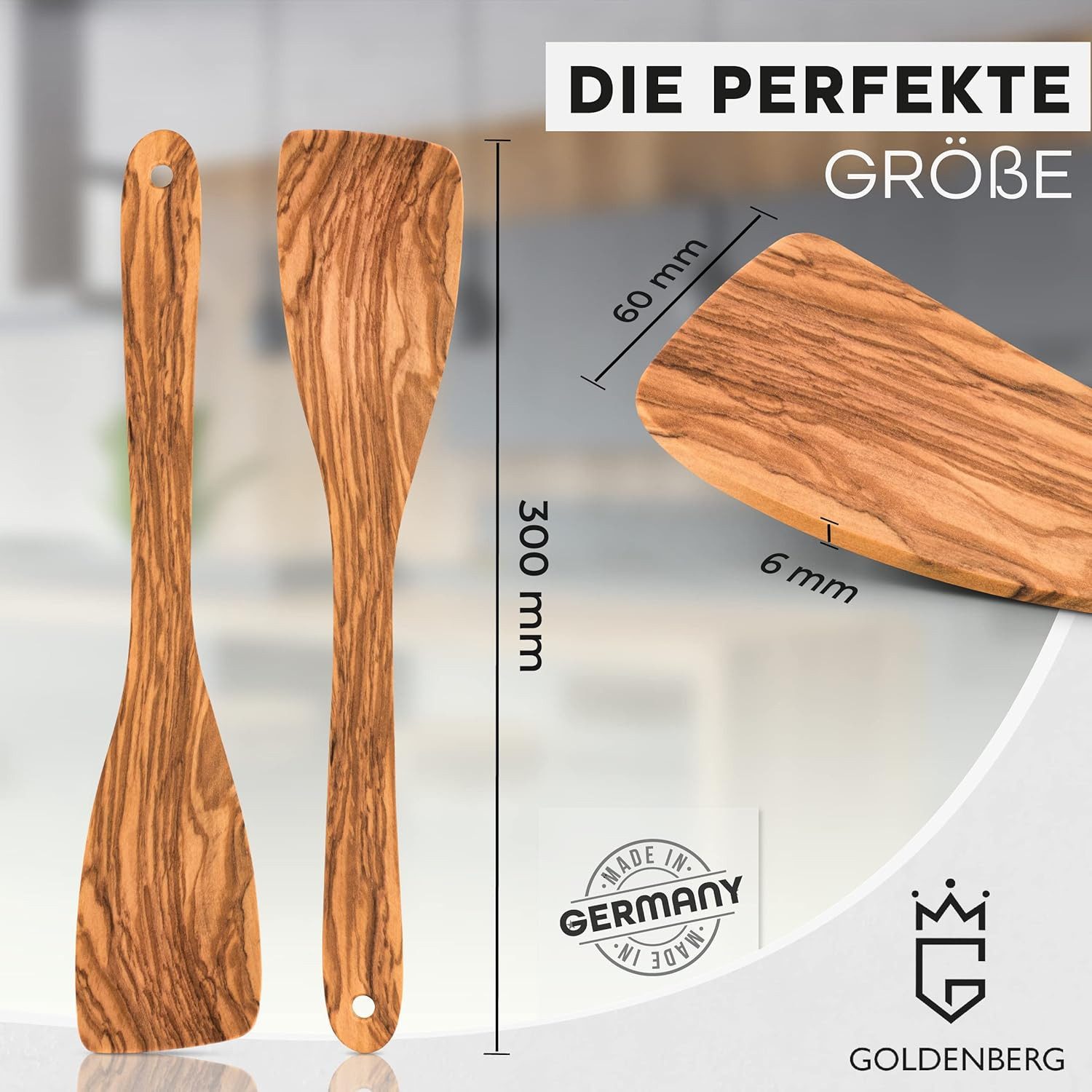 Goldenberg Pfannenwender Made in Germany - feinstes Olivenholz aus Italien, Robust & Langlebig - Holzschaber - Pfannenwender Holz