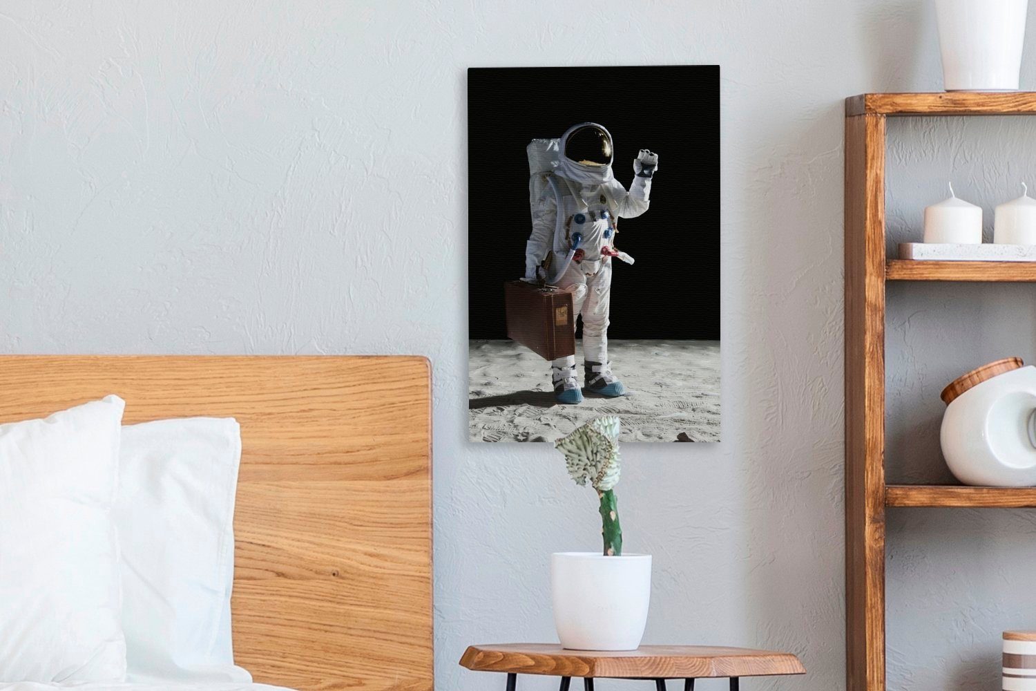 Zackenaufhänger, St), bespannt - OneMillionCanvasses® Koffer, Leinwandbild Gemälde, cm (1 Astronaut fertig - inkl. Weltraum 20x30 Leinwandbild