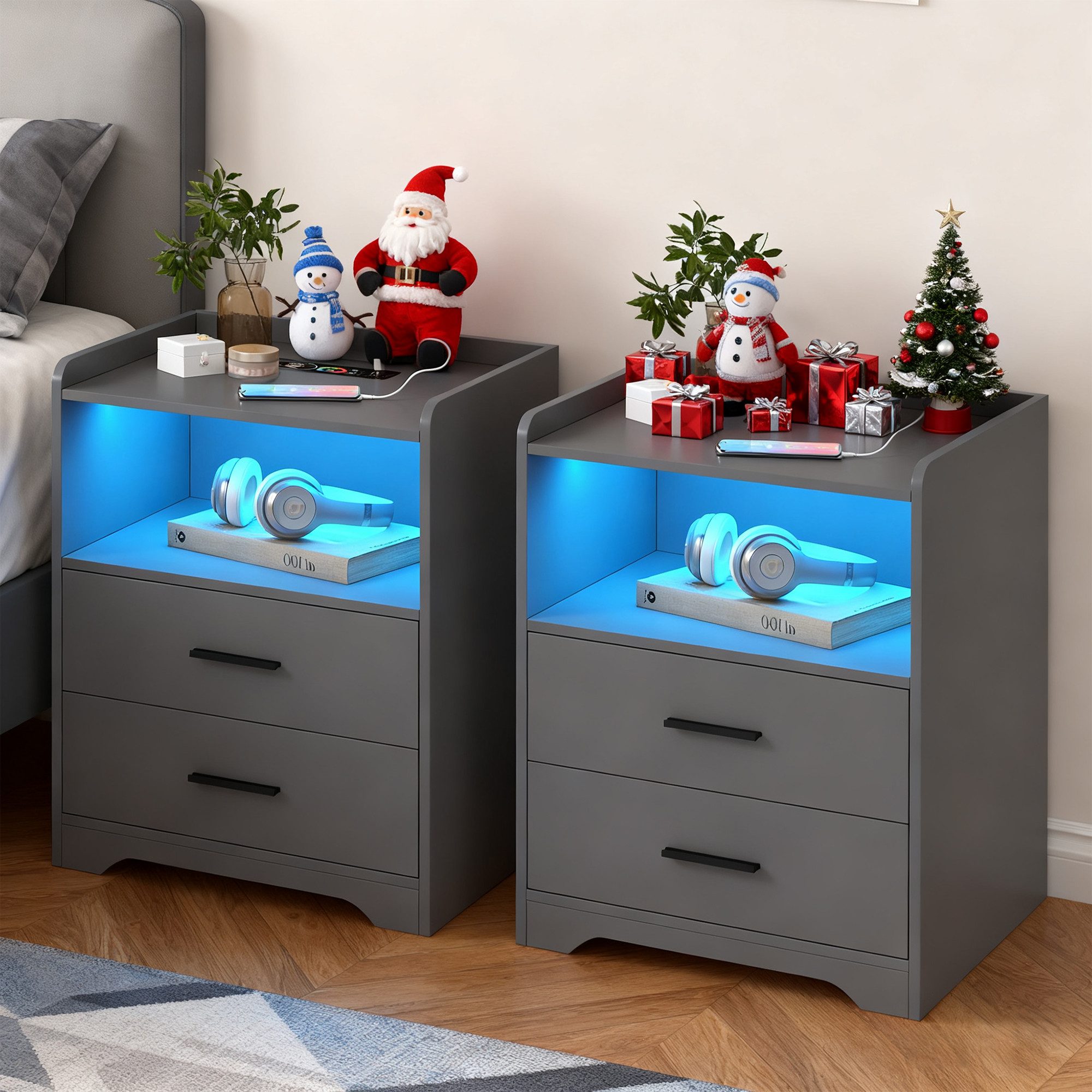 LVSOMT Nachttisch Moderne LED Nachttisch mit Ladestation und 2 Schubladen ( günstig online kaufen