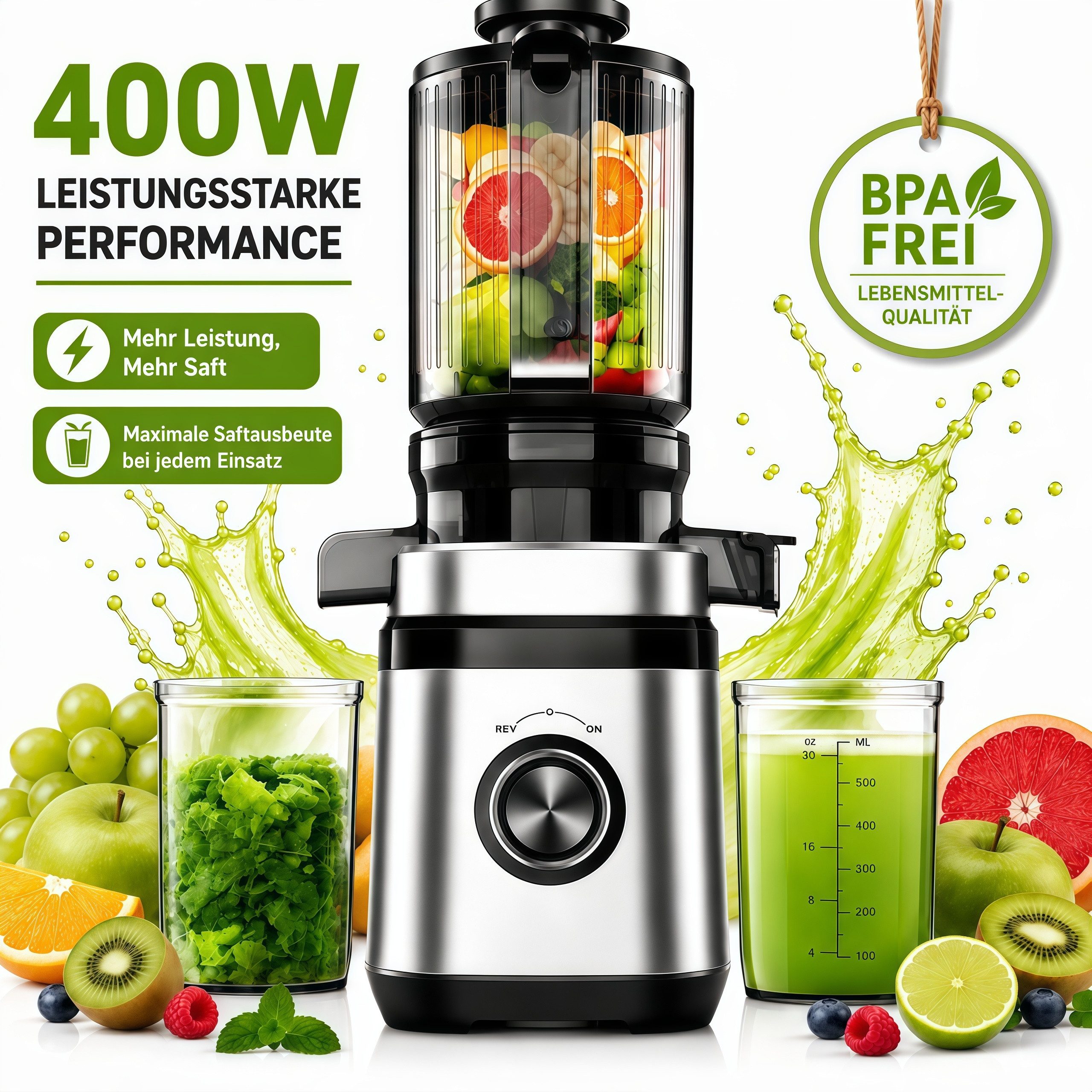 ibettertec Entsafter für Ganze Gemüse und Obst, 140 mm Breite und Größere Fütterungsröhre, 400 W, 2 L Füllvolumen, Leicht zu Reinigender Slow Juicer mit 2 Gläsern