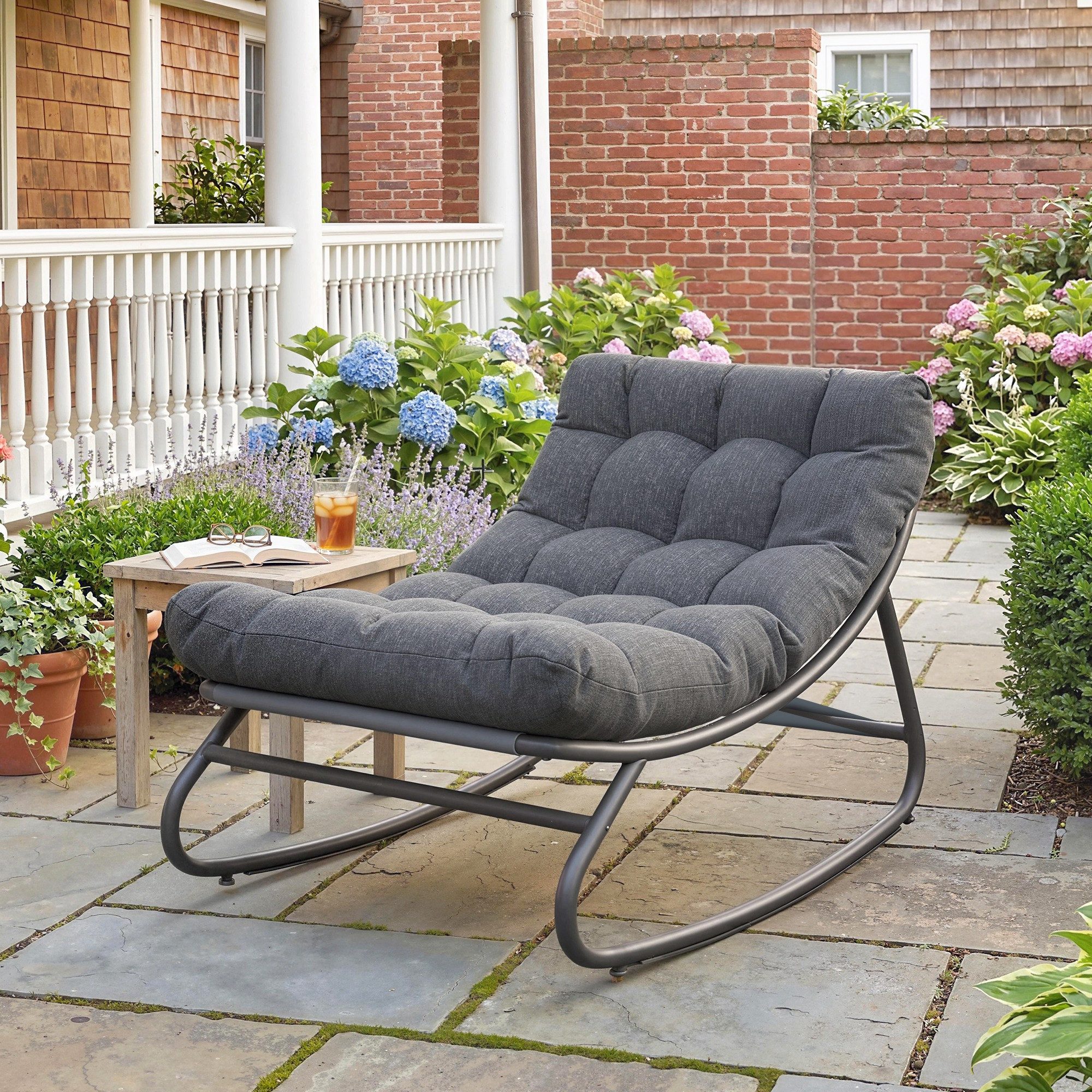 Outsunny Schaukelstuhl mit breitem Netzsitz dickem Kissen (Schaukelsessel, 1 St), für Garten Balkon Hof Terrasse 101 x 66 x 63 cm Grau