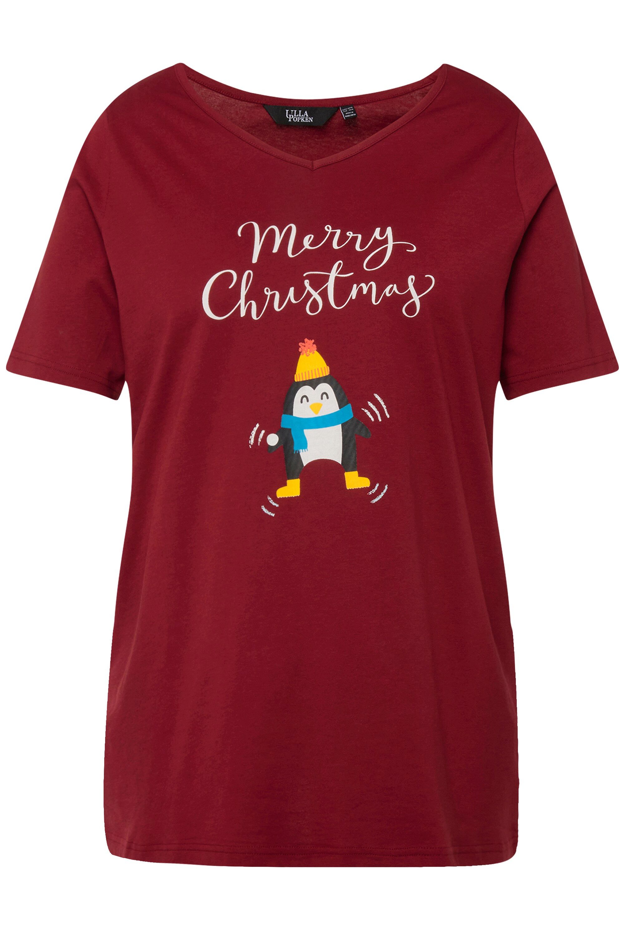 Ulla Popken T-Shirt Weihnachts-Shirt Pinguin A-Linie V-Ausschnitt günstig online kaufen