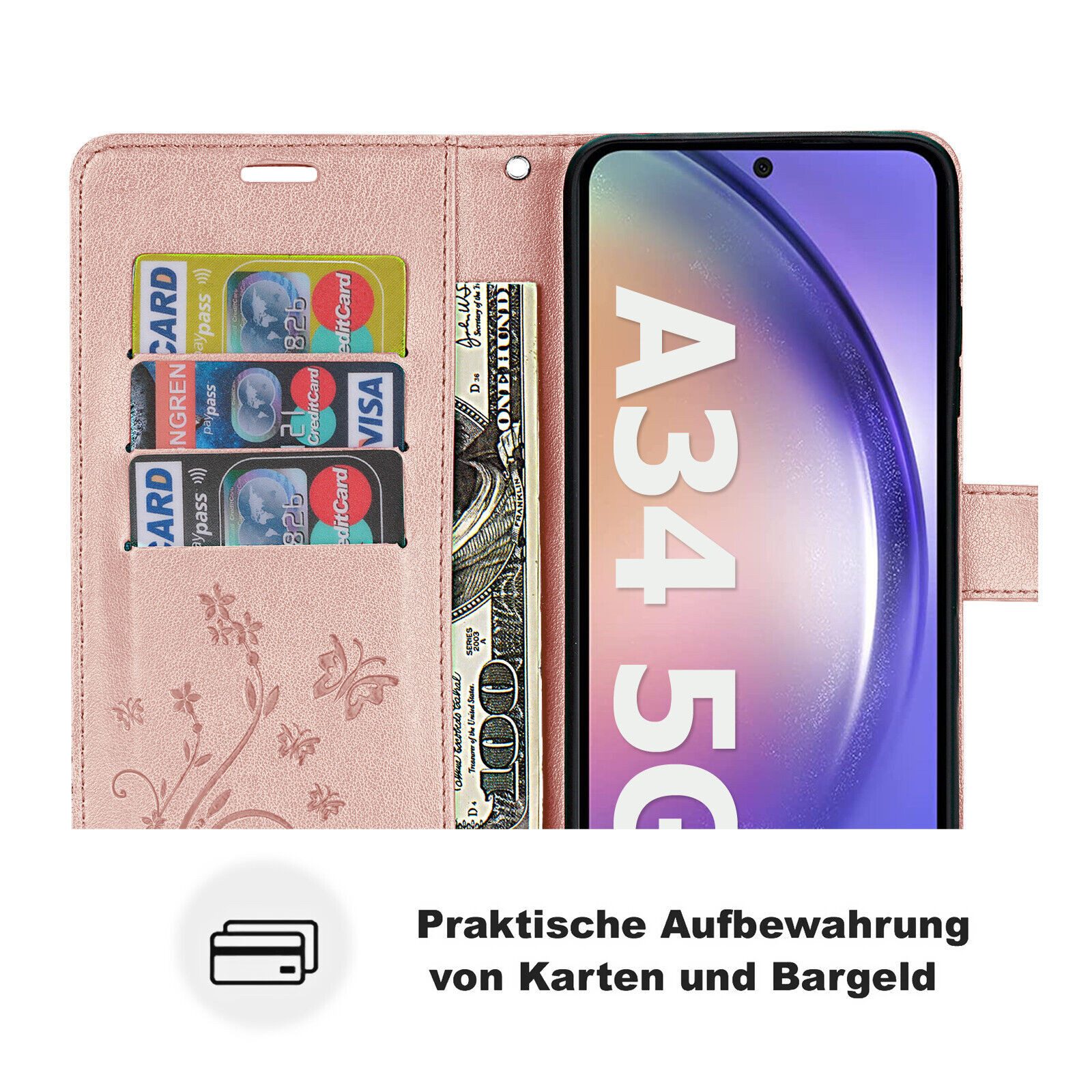 betterfon Handyhülle Handytasche für Samsung Galaxy A34 5G Klapphülle, Bookstyle-Hülle: Magnetverschluss 3 Kartenfächer & Standfunktion – Bild 4 von 5