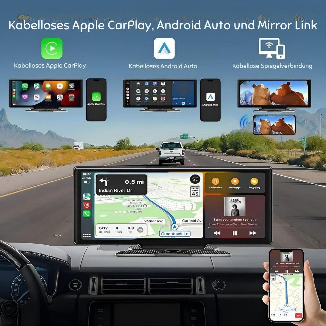 Goldstern-Tech 2 in 1 DriveVision Navigation Dashcam (4K Ultra HD, WLAN (Wi-Fi), Bluetooth, FM-Transmitter, GPS, Nachtsicht sowie Wireless Apple CarPlay & Android Auto, mit AHD Rückfahrkamera, Wireless CarPlay & Android Auto)