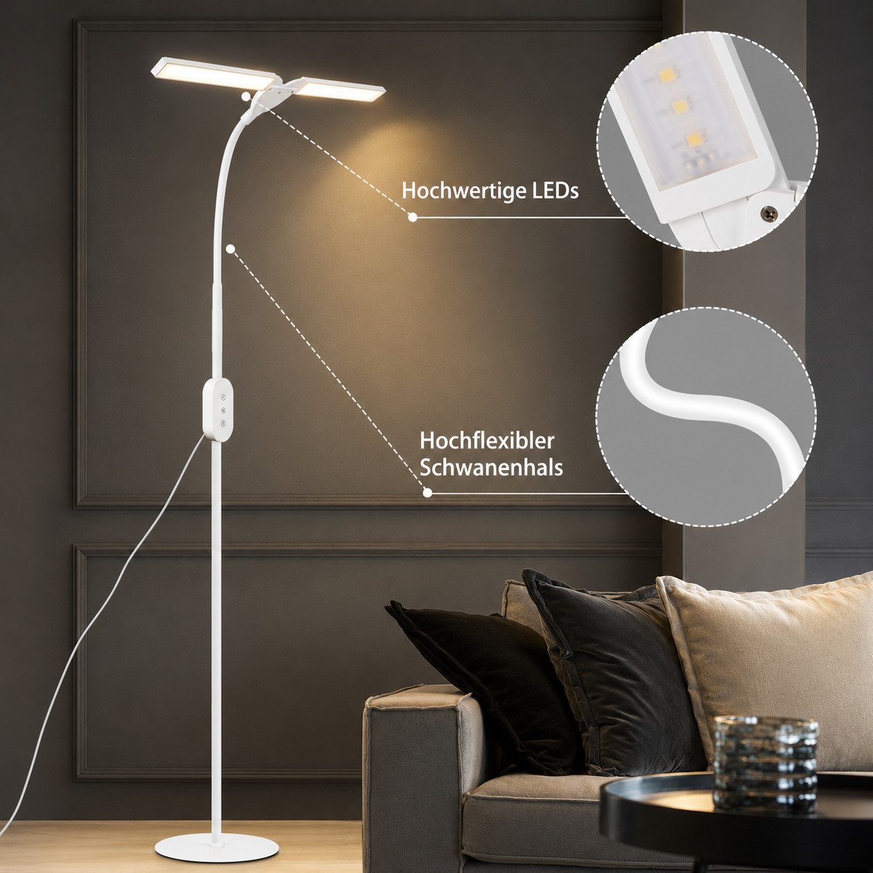 ZMH LED Stehlampe LED dimmbar Leselampe 9W Timer Memory einstellbar Touch, dimmbar, LED fest integriert, flexibel verstellbar, schwenkbar