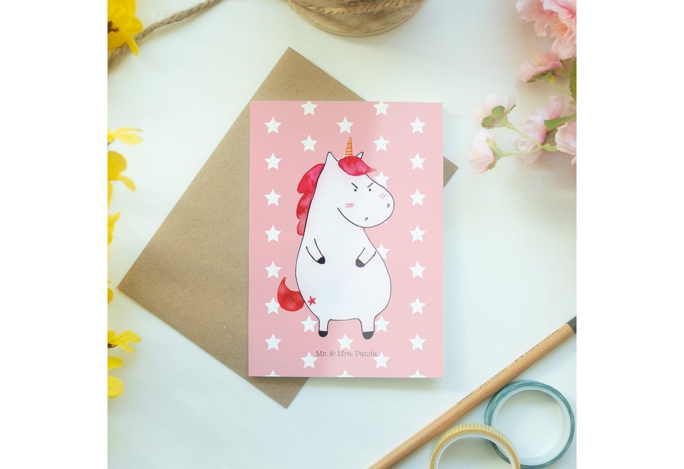 Thumbnail - Mr. & Mrs. Panda Grußkarte Einhorn Wut - Rot Pastell - Geschenk, Unicorn, Glückwunschkarte, Einh, Handgefertigt