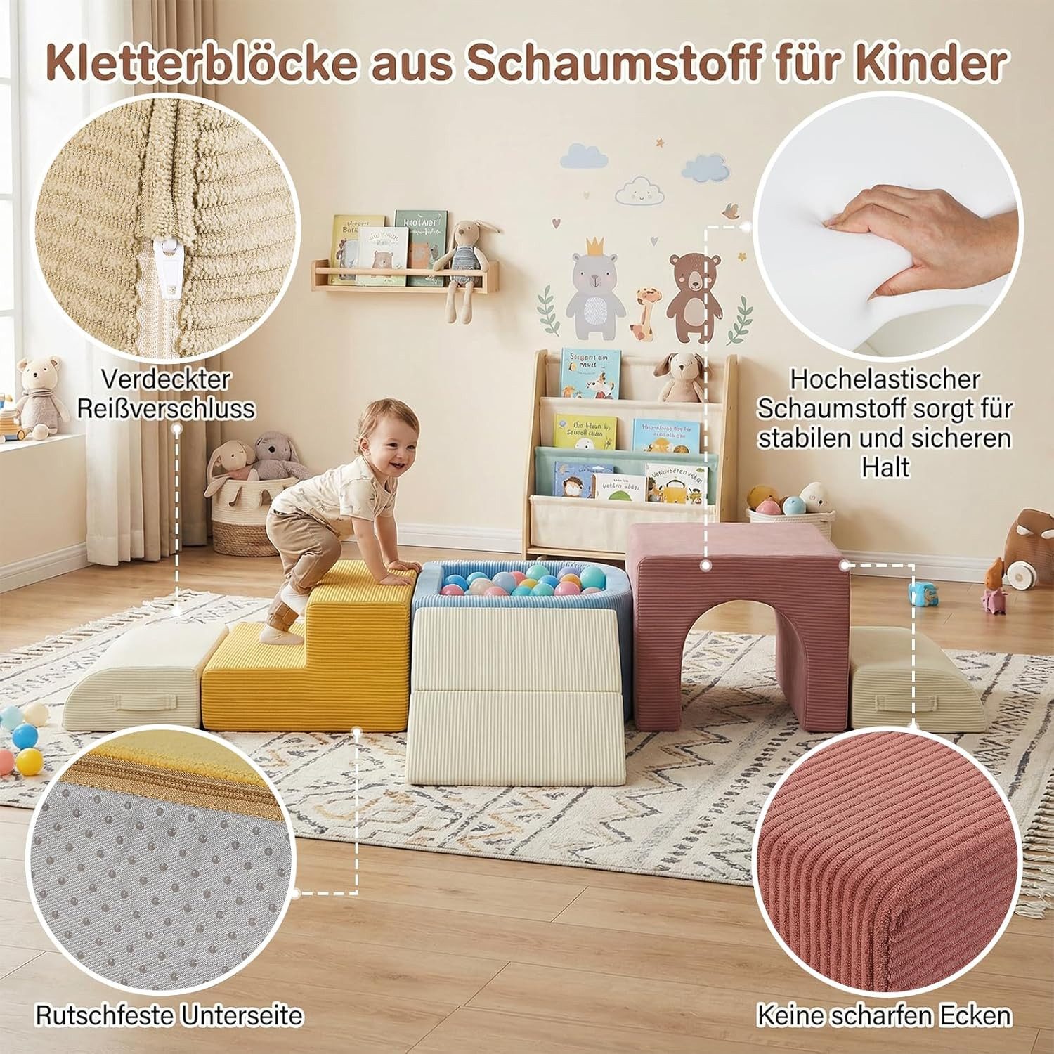 TLGREEN Kindersofa 7 PCS Schaumstoff Kinderbausteine Sofa, Kletterblöcke mit Ballpool,Spielzeug für Indoor-Spaß, Sicher Weiches Spielzeug für Kleinkinder 12 Mon – Bild 5 von 5